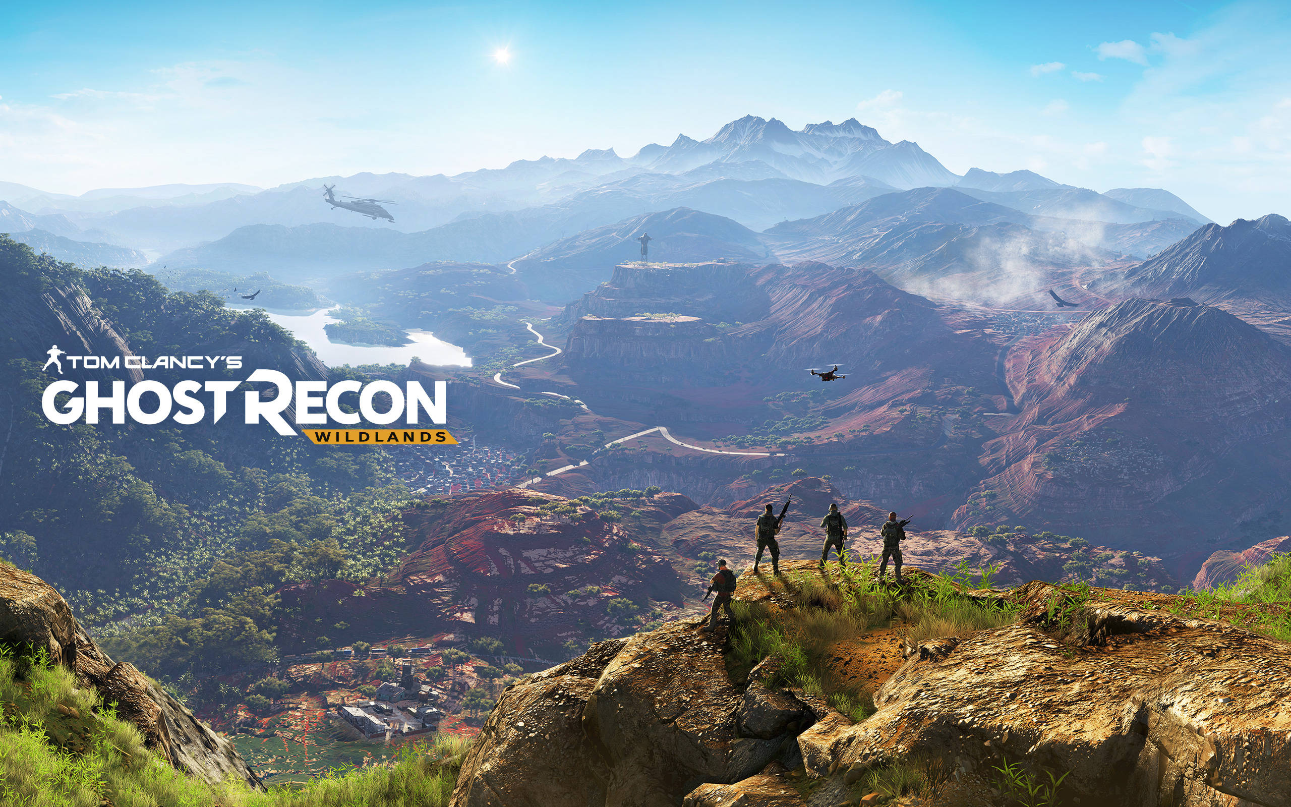 tom clancy's ghost recon wildlands 桌布 壁紙 — 四名士兵站在岩石懸崖上，俯瞰著廣闊的山谷，山谷中有蜿蜒的道路、河流和遠處在明媚陽光下飛行的直升機。