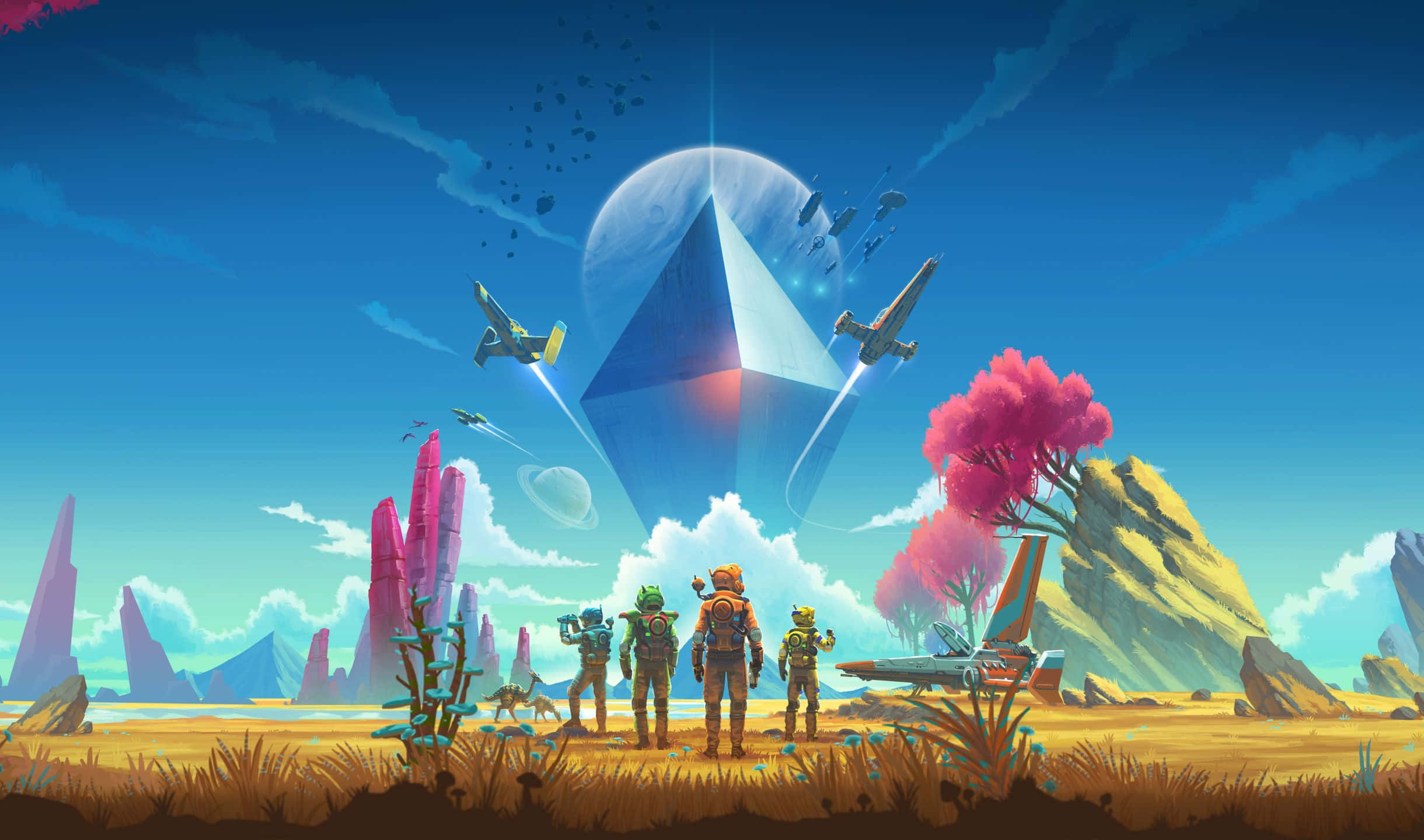 2440x1440 Desktop Pc 桌布 壁紙 — 四名太空人在一個色彩繽紛的外星行星上，面對著一個巨大發光的金字塔，周圍有飛船和粉紅色樹木，他們充滿敬畏地站著。