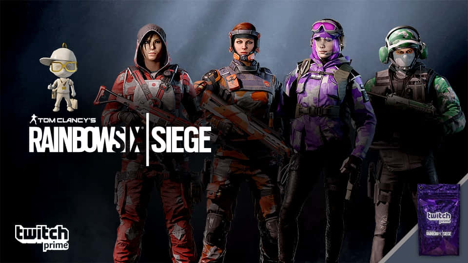 Rainbow Six Siege Twitch 桌布 壁紙 — 四名戰術操作員身穿戰鬥裝備，手持武器，站在黑暗煙霧背景前，背景有Rainbow Six Siege標誌。