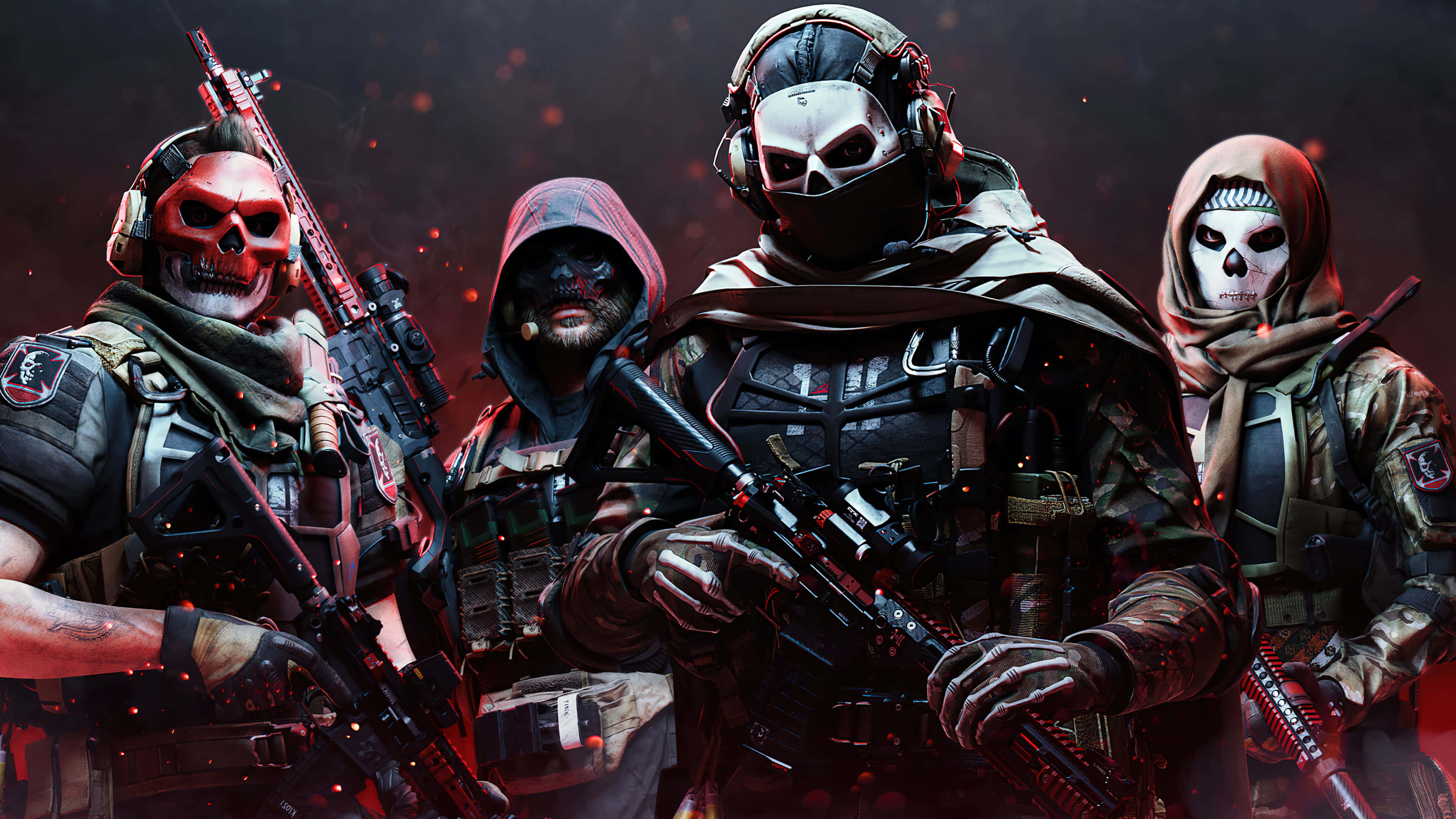 4K Call Of Duty Modern Warfare 桌布 壁紙 — 四名戴著骷髏面具的重武裝士兵站在暗紅色燈光場景中，伴隨著發光粒子。