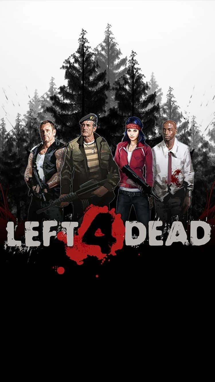 Left 4 Dead Characters 桌布 壁紙 — 四名武裝倖存者 defiantly 站在霧氣瀰漫的松樹林中，背景是 stark 白色天空，遊戲標題以血紅色飛濺。