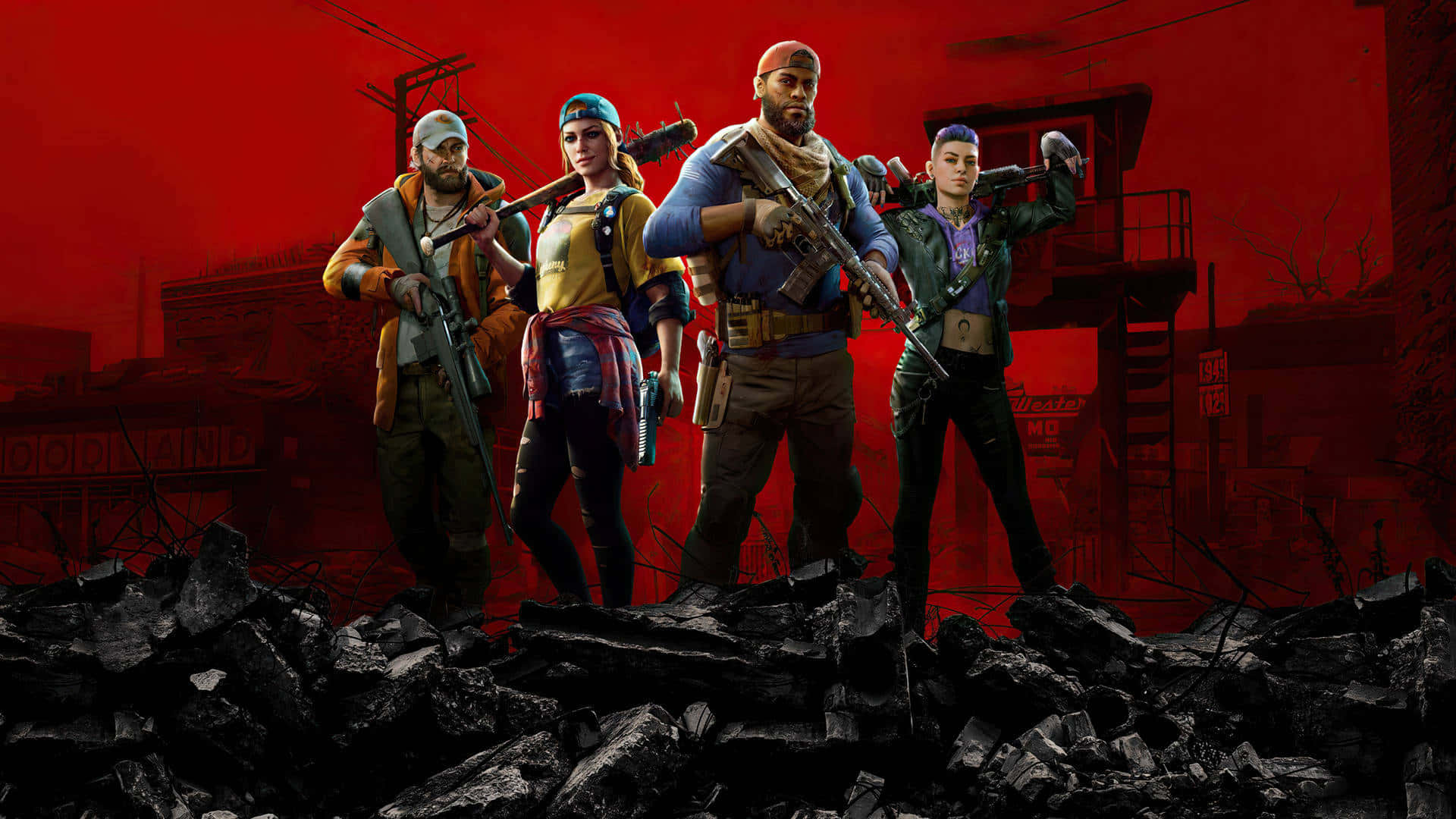 1920x1080 Wolfenstein Ii 桌布 壁紙 — 四名武裝倖存者 defiantly 站在廢墟之上，背景是紅色的毀滅城市景觀。