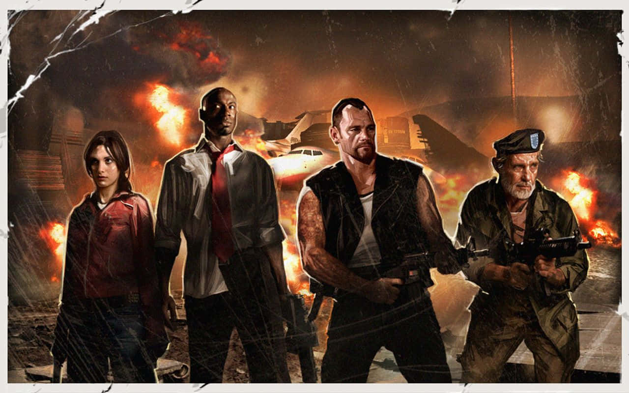 Left 4 Dead Characters 桌布 壁紙 — 四名武裝倖存者 defiantly 站在燃燒的戰區，身後爆炸肆虐。