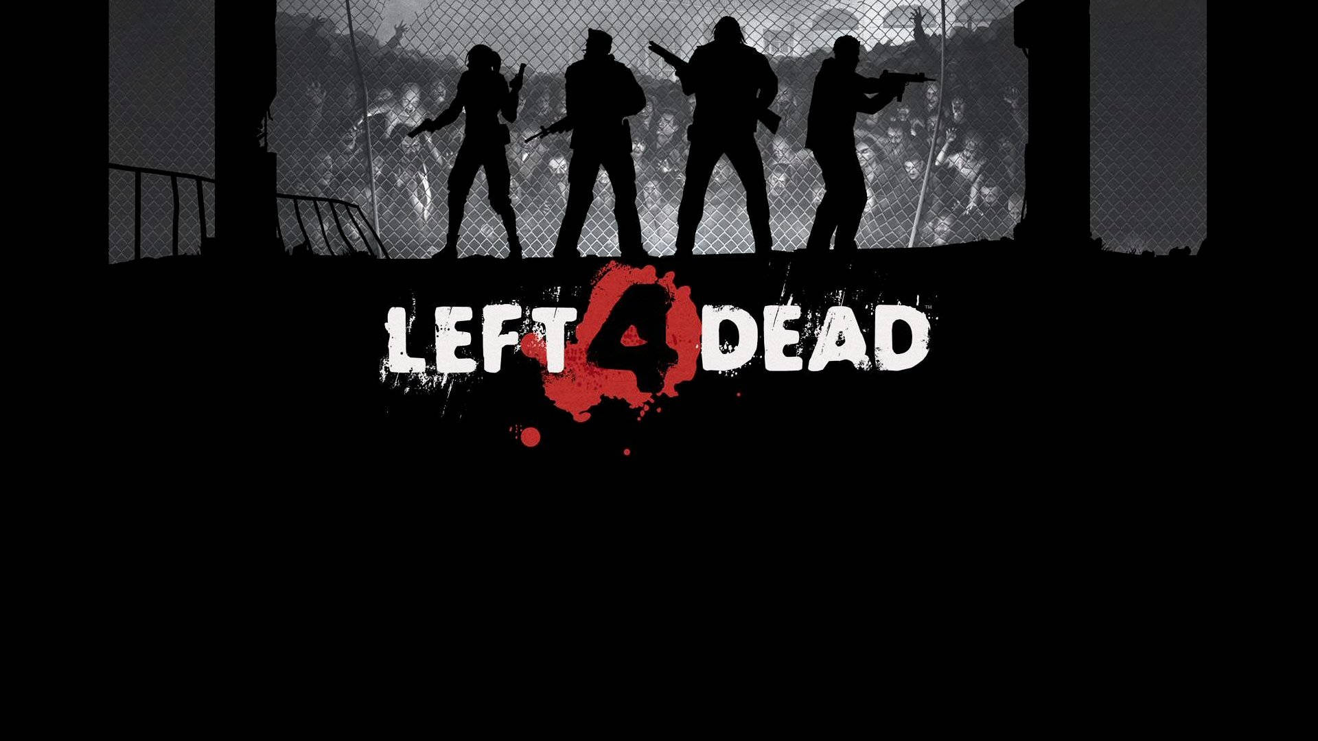 Left 4 Dead 桌布 壁紙 — 四名武裝倖存者以剪影形式站在鐵絲網圍欄後面，面對一群殭屍，採用 gritty 黑白風格，帶有紅色血濺標誌。