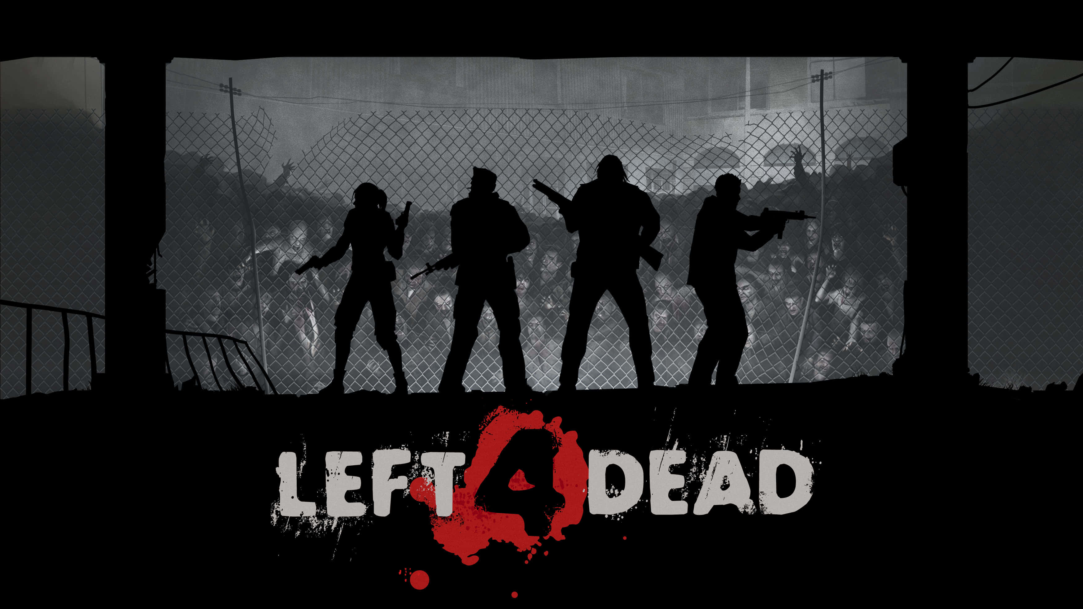 Left 4 Dead Characters 桌布 壁紙 — 四名武裝倖存者以鐵絲網圍欄為背景形成剪影，而一群殭屍在 gritty 遊戲海報中向前推進。