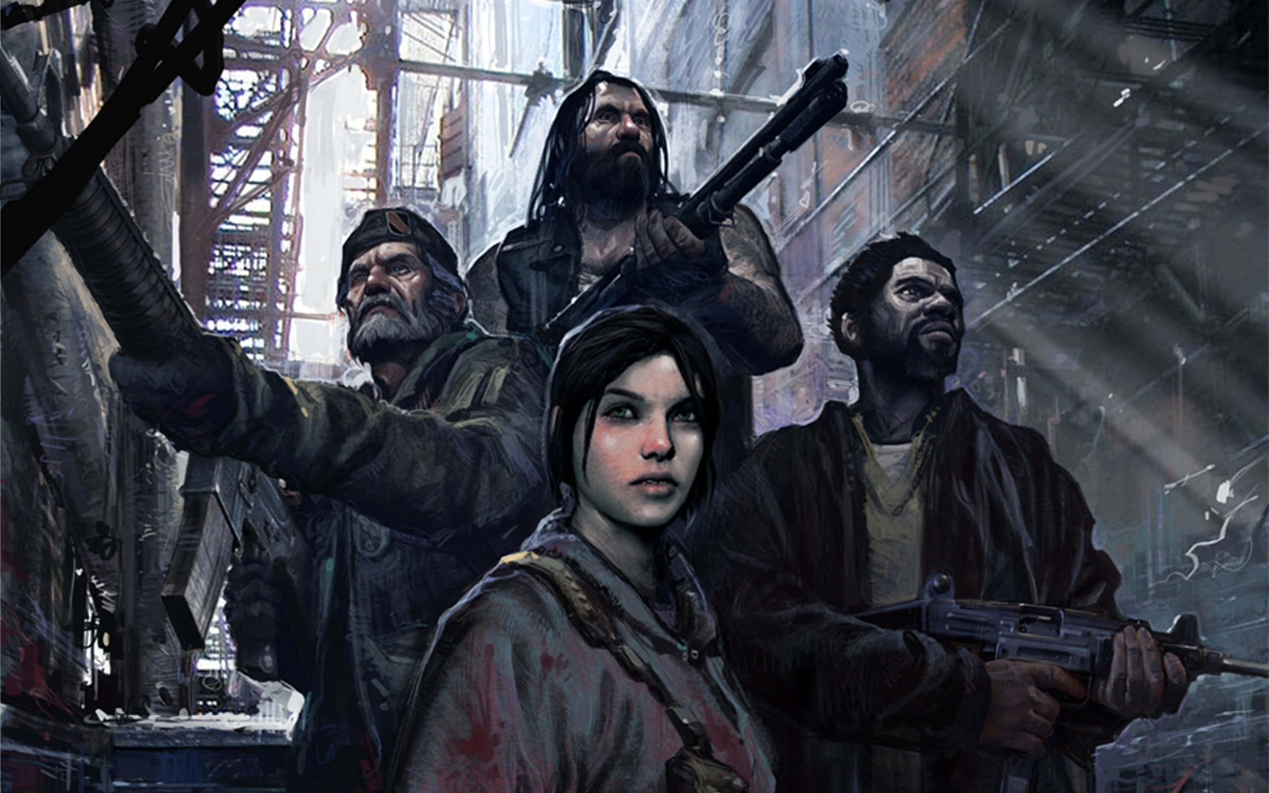 Left 4 Dead Characters 桌布 壁紙 — 四名武裝倖存者在骯髒的城市廢墟中，在斷裂的鋼樑下警覺地站立，處於緊張的後末日場景。
