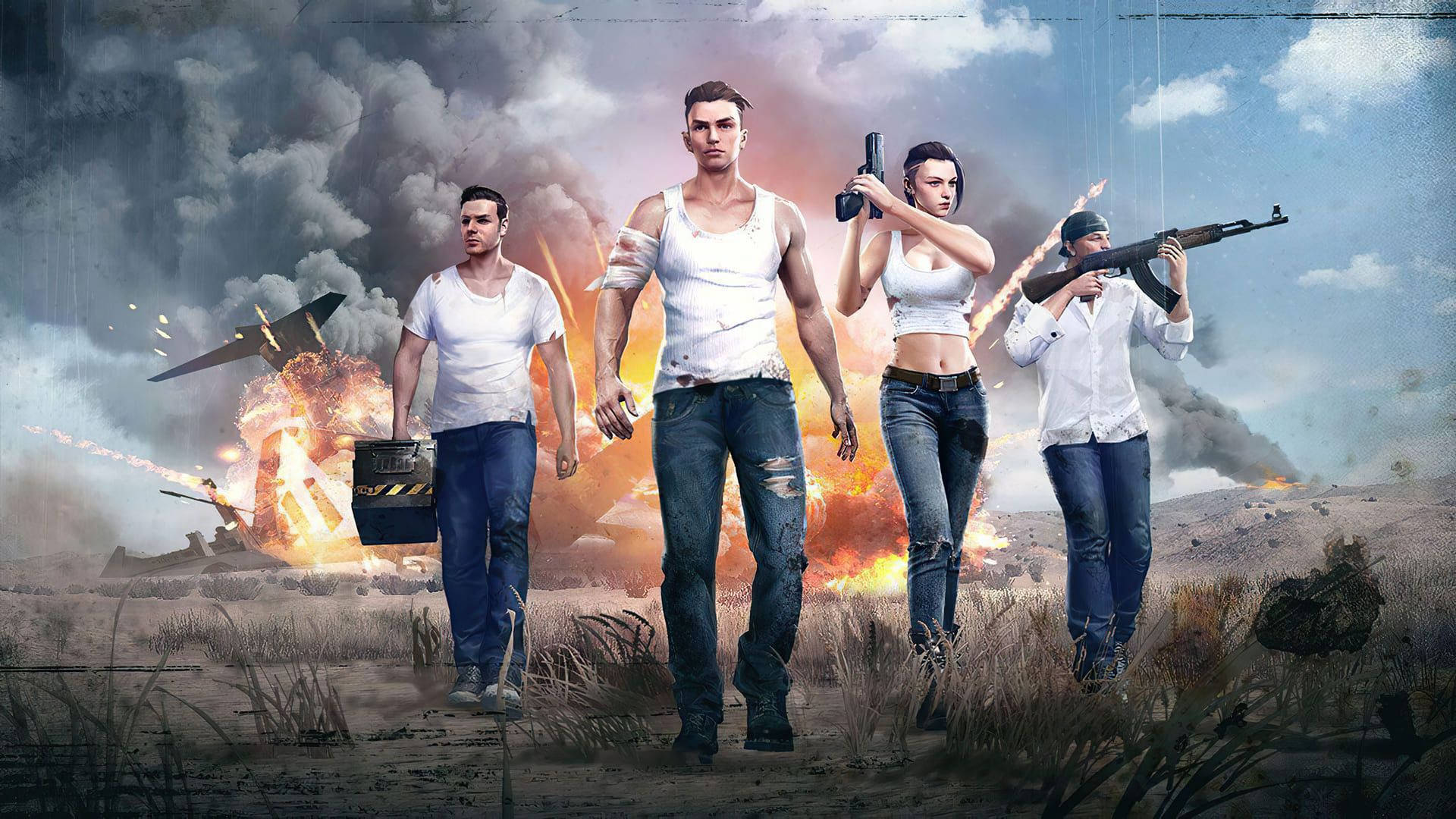 free fire 2021 桌布 壁紙 — 四名武裝倖存者大步穿過戰火摧殘的田野，身後爆炸和濃煙在陰雲密布的天空下升騰。