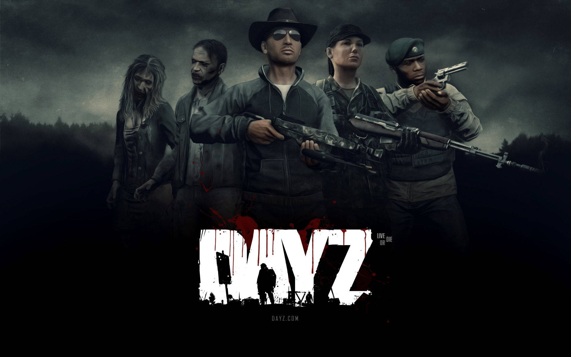 Dayz Desktop 桌布 壁紙 — 四名武裝倖存者陰沉地站在暴風雨中的森林裡，血液從下方的遊戲標題 DayZ 滴落。