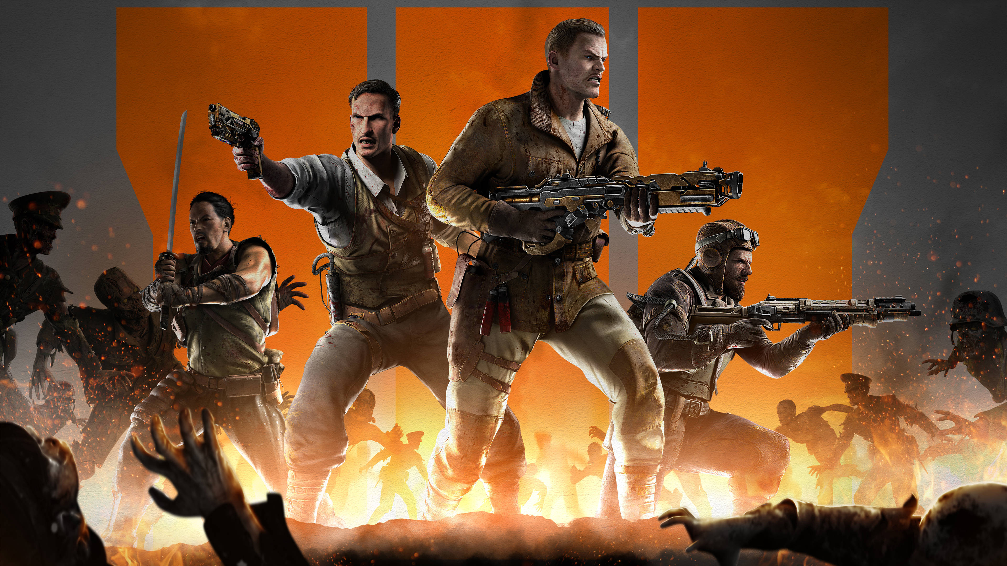 Call Of Duty Black Ops 3 桌布 壁紙 — 四名武裝士兵在熾熱的橙色背景下挑釁地站立，而類似殭屍的人物在混亂的戰鬥場景中向前湧動。