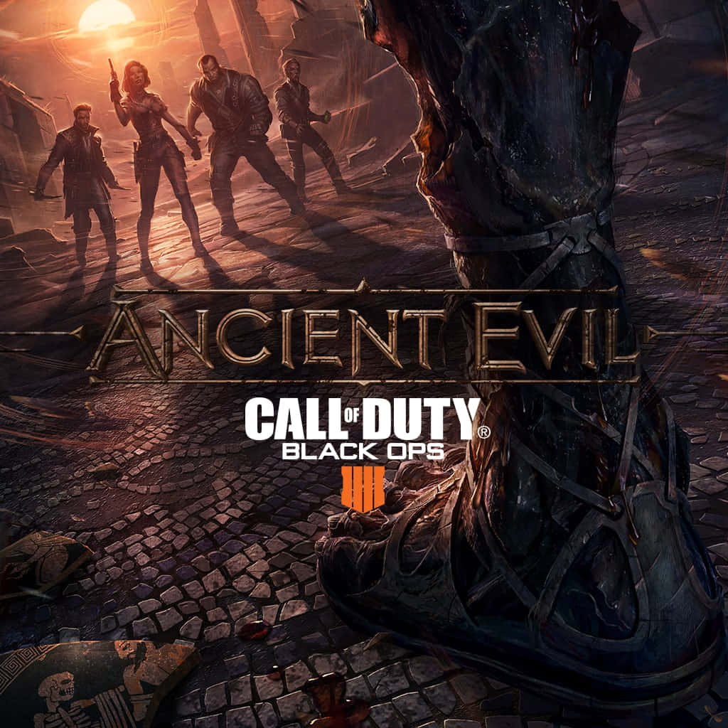 Best Call Of Duty Black Ops 4 桌布 壁紙 — 四名武裝士兵在陽光明媚的廢墟中，挑釁地站在一隻巨大遠古怪物的腳前。