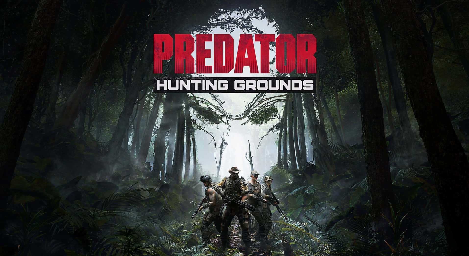 電玩遊戲 桌布 壁紙 — 四名武裝士兵站在煙霧瀰漫的叢林中，標題 Predator Hunting Grounds 在他們上方發出紅光。