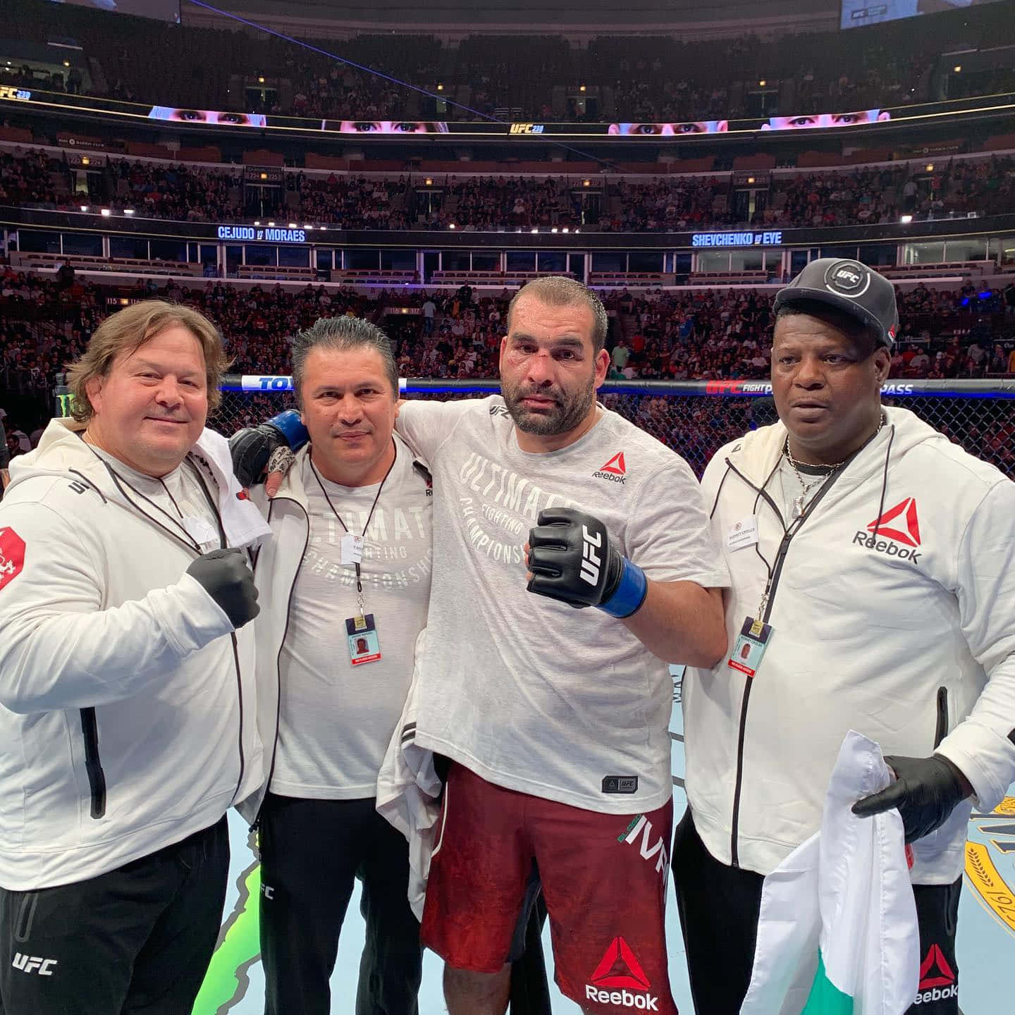 MMA 桌布 壁紙 — 四名男子在UFC八角籠內自信地擺姿勢，背景是座無虛席的競技場。