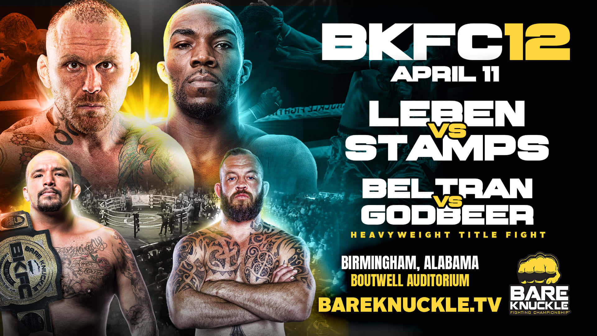 MMA 桌布 壁紙 — 四名紋身的裸拳鬥士在熾熱發光的背景下凝視，宣傳BKFC12。