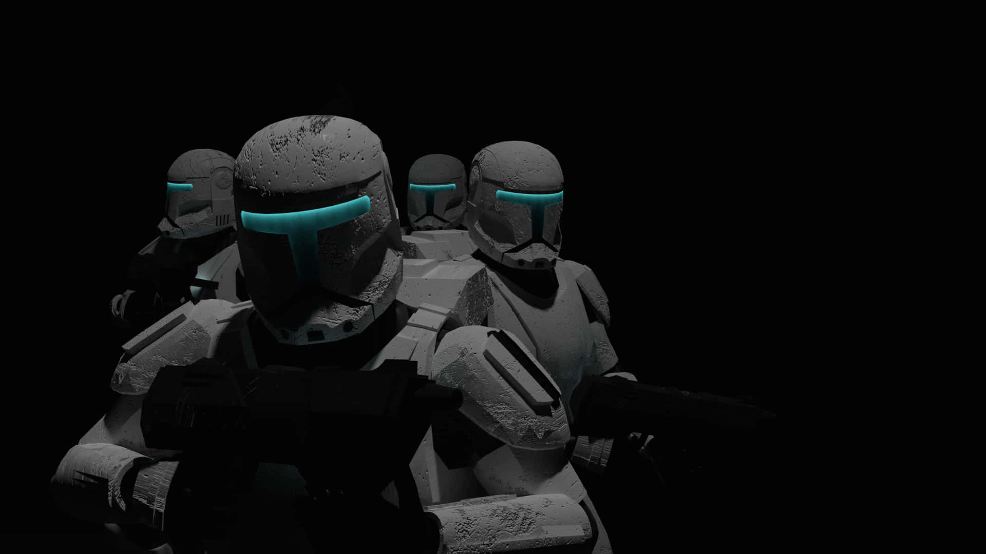 Republic Commando 桌布 壁紙 — 四名經歷戰鬥傷痕的克隆人戰士，戴著發光的藍色面罩，在黑色背景下以黑暗陣型站立。