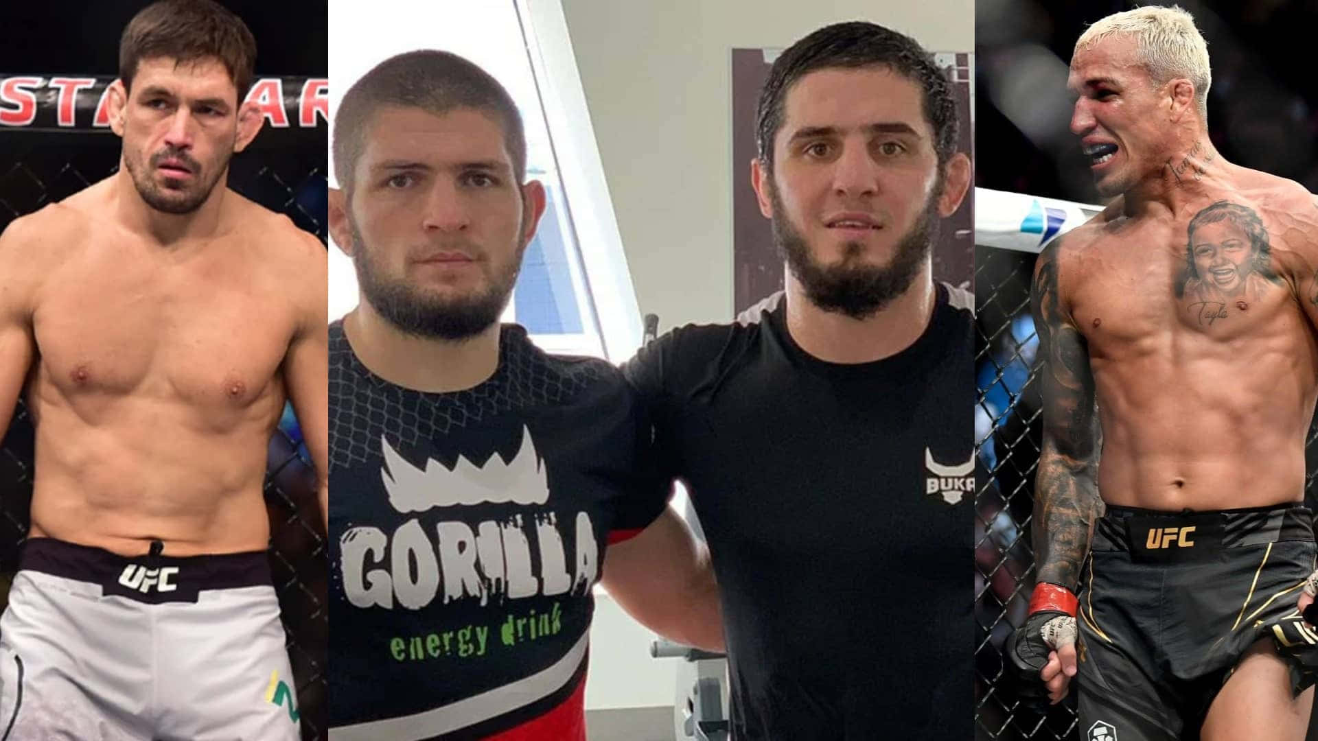 Champion 桌布 壁紙 — 四名肌肉發達的男性MMA拳手身穿戰鬥裝備，在帶有UFC標誌的籠內激烈擺姿勢。