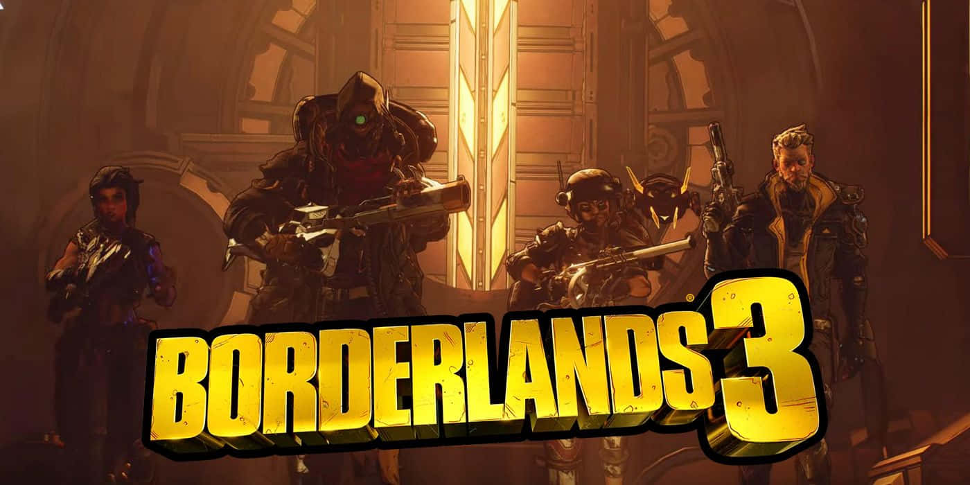 Borderlands Characters 桌布 壁紙 — 四名裝甲傭兵，眼睛發光，手持重武器，站在昏暗的科幻走廊中，背後是醒目的Borderlands 3標誌。