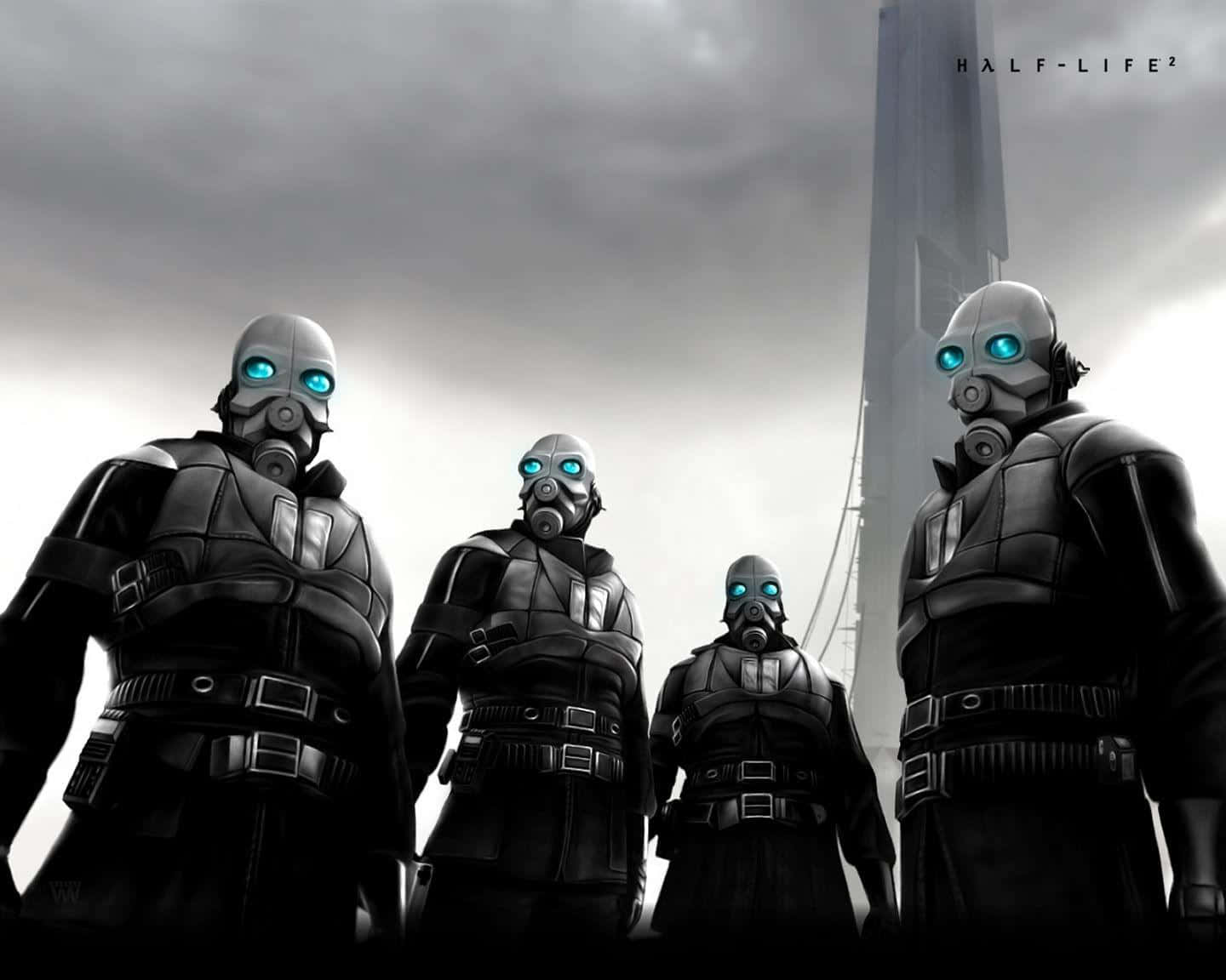 Half Life 2 桌布 壁紙 — 四名裝甲士兵，眼睛發出藍光，站在陰沉多雲的城市環境中，下方是高聳的建築物。
