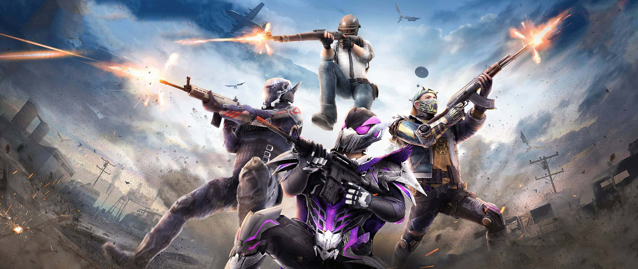 pubg mobile 桌布 壁紙 — 四名裝甲士兵在戰火摧殘的城市戰場中，於爆炸和瓦礫中開火。