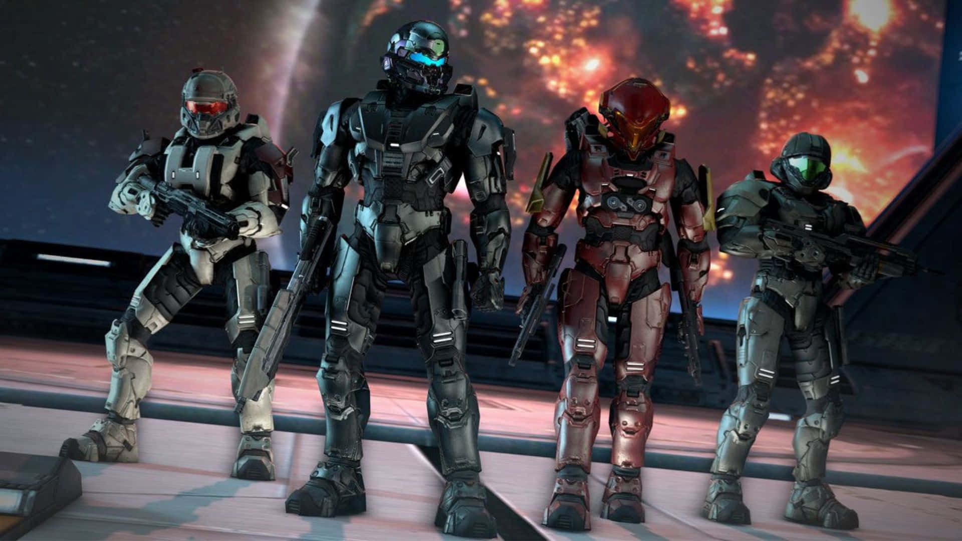 Fireteam Osiris 桌布 壁紙 — 四名裝甲士兵在未來風格的平台上排成一列，背景是熾熱的宇宙。