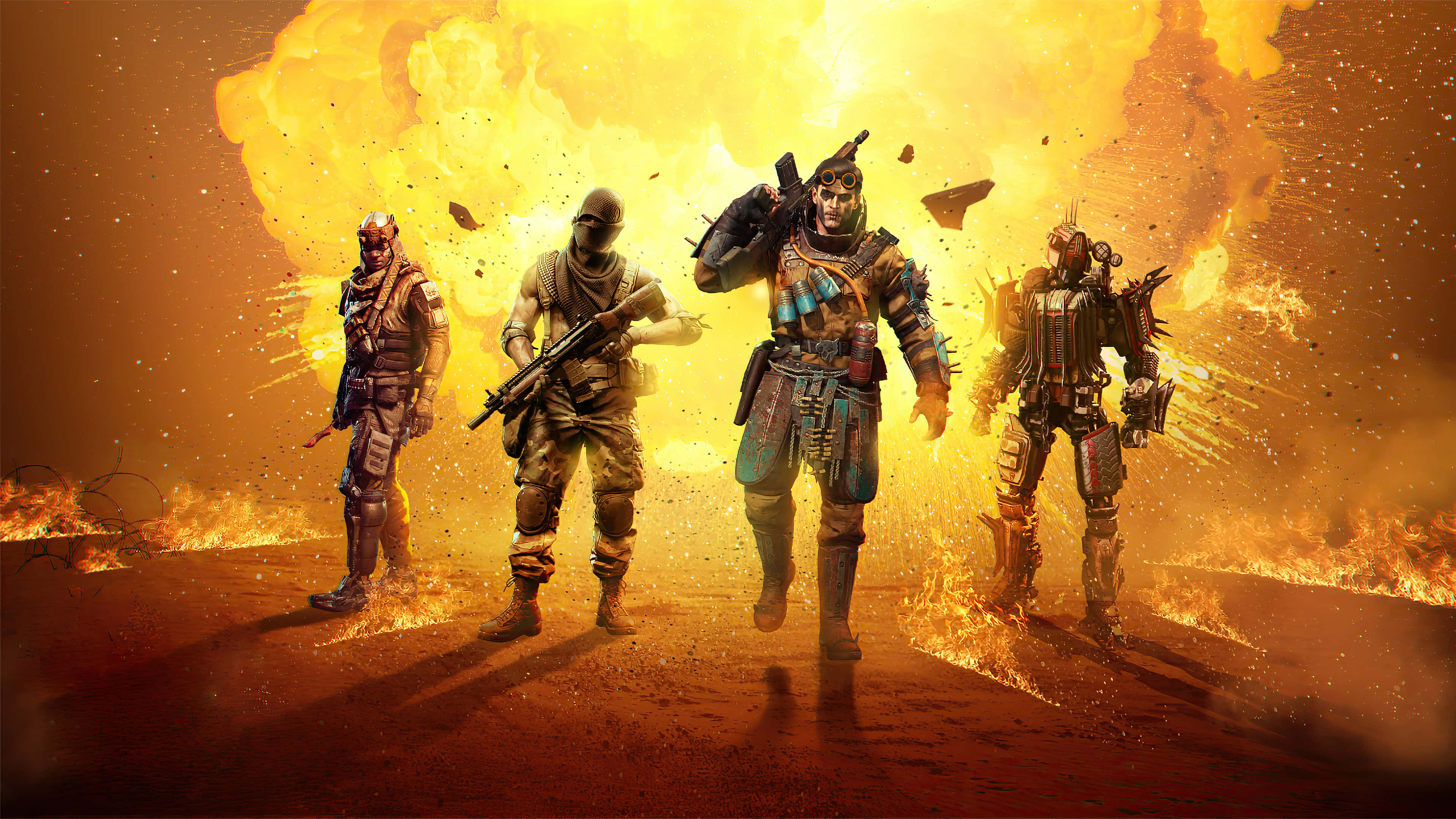 Call Of Duty 2020 桌布 壁紙 — 四名裝甲士兵在熾熱的爆炸中挑釁地站立，周圍是熔化的地面和旋轉的發光餘燼。
