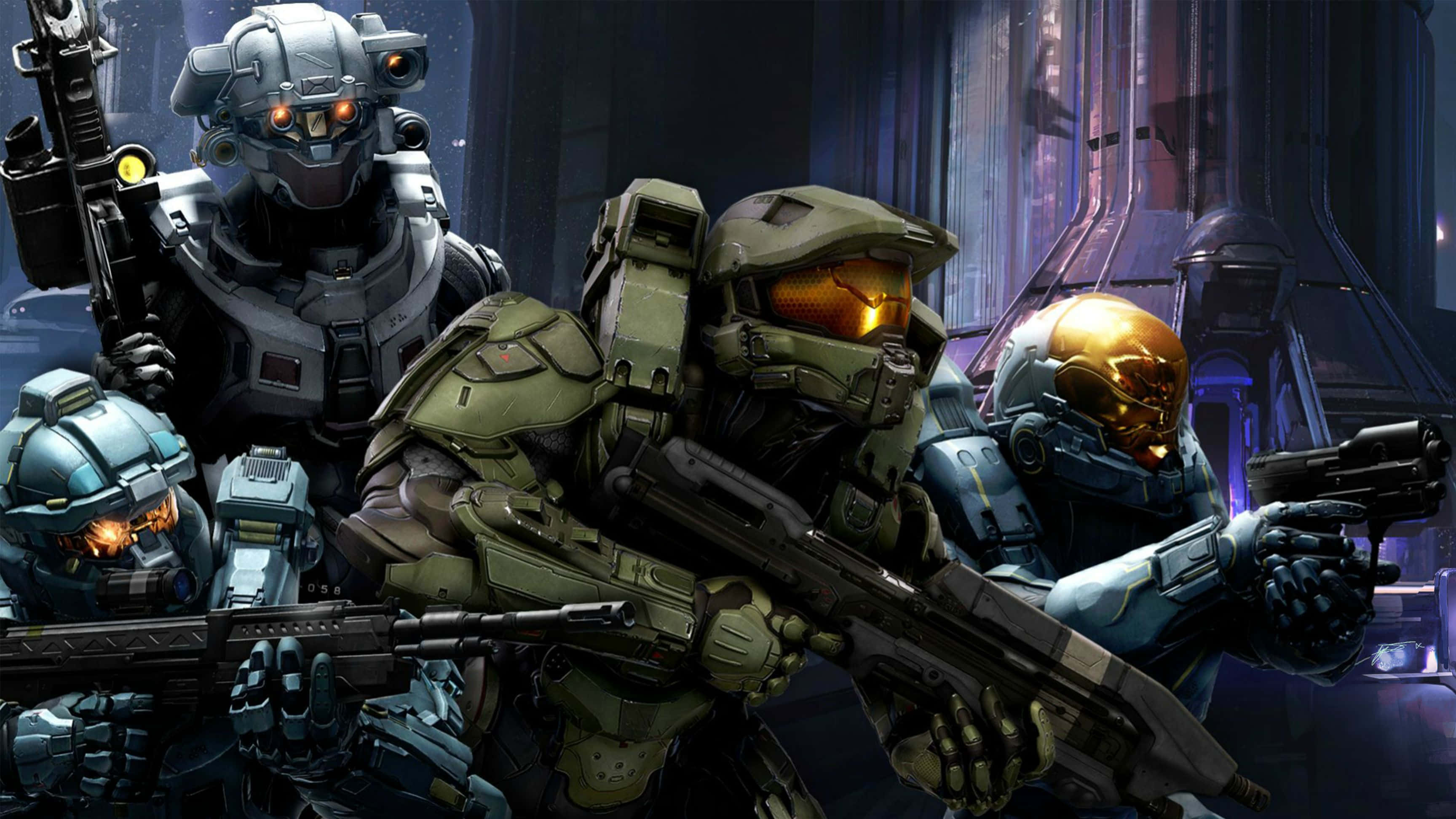 Halo 5 Blue Team 桌布 壁紙 — 四名裝甲士兵戴著發光面罩，在未來科幻走廊中手持先進武器準備就緒。