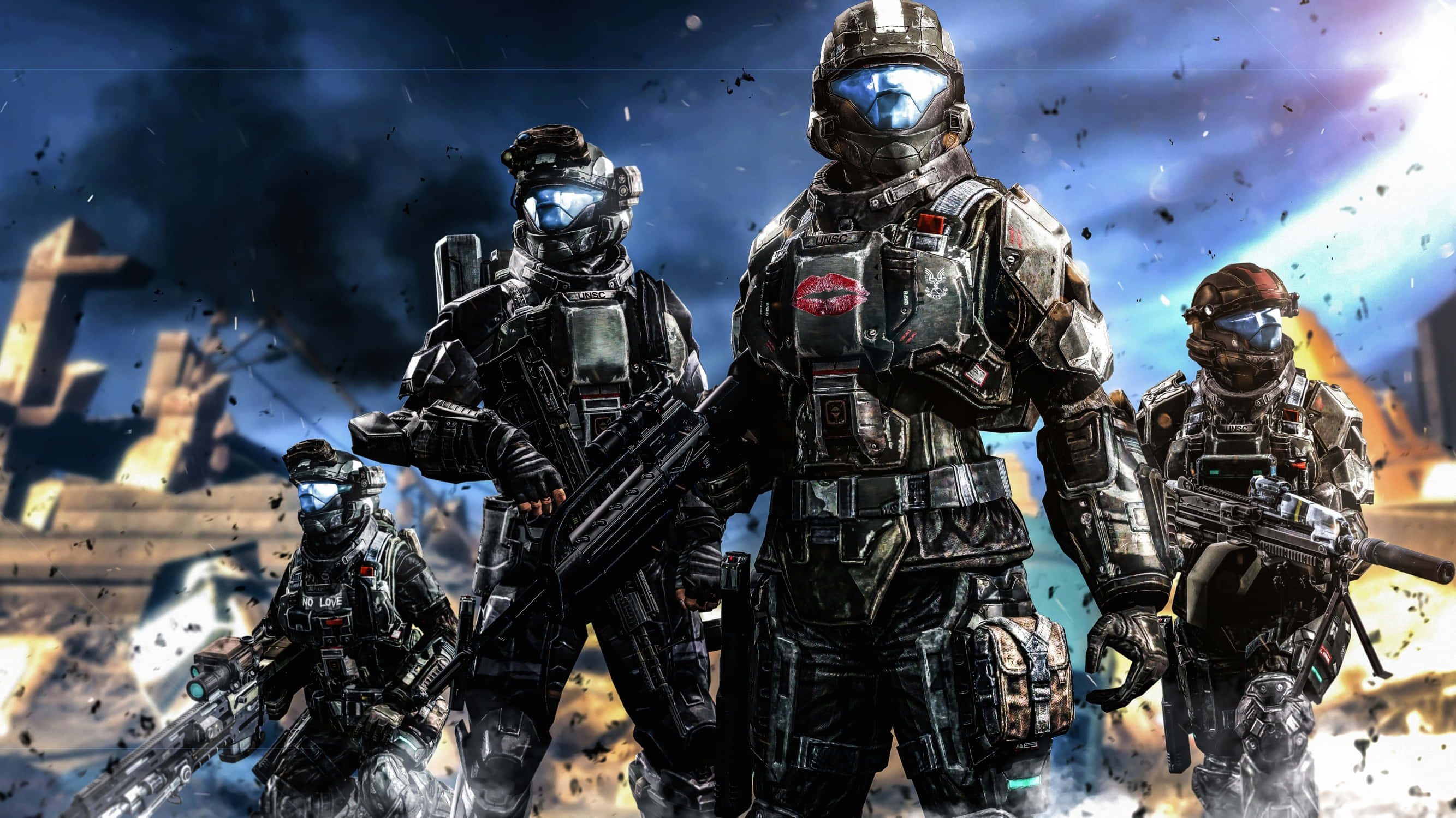 Halo Spartans 桌布 壁紙 — 四名裝甲士兵站在一個被戰爭摧毀的城市戰場上，煙霧和碎片在他們周圍飛舞。