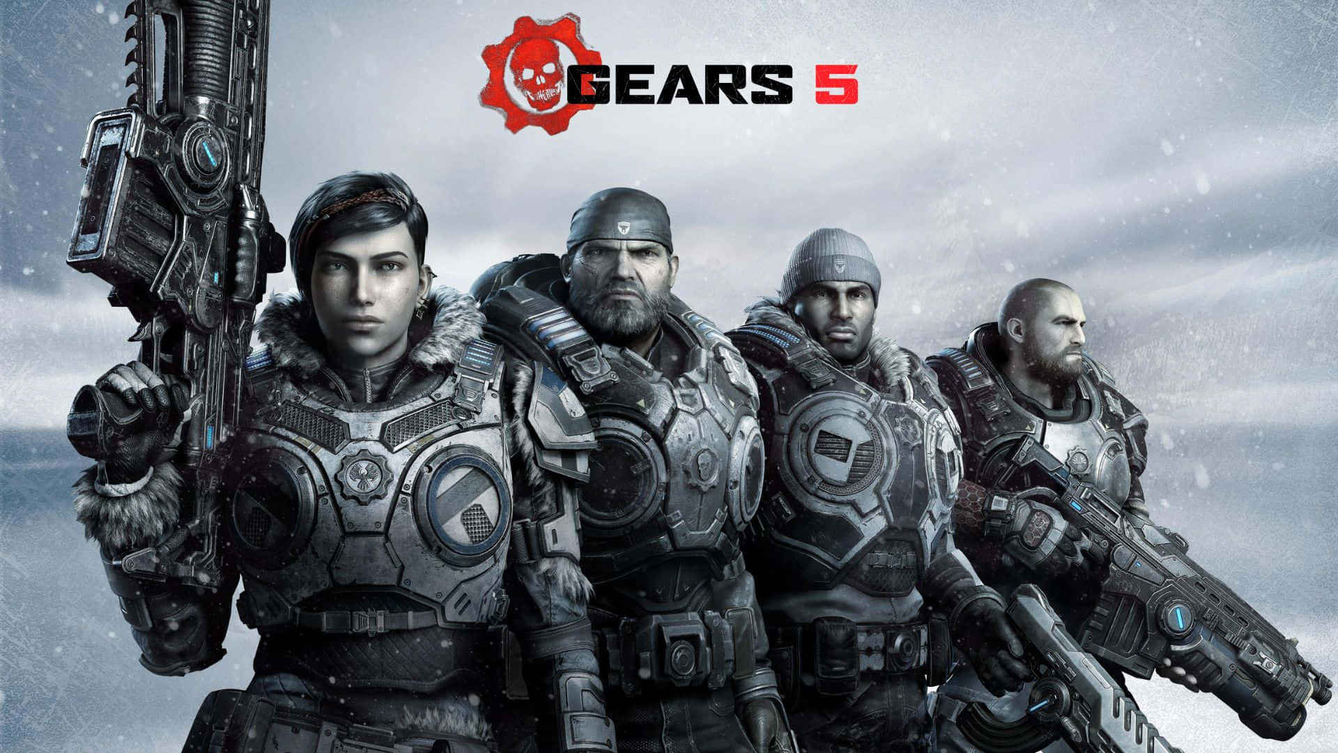 1080p Gears Of War 5 桌布 壁紙 — 四名裝甲士兵站在雪地景觀中，手持重型武器，灰色天空上方有Gears 5標誌。