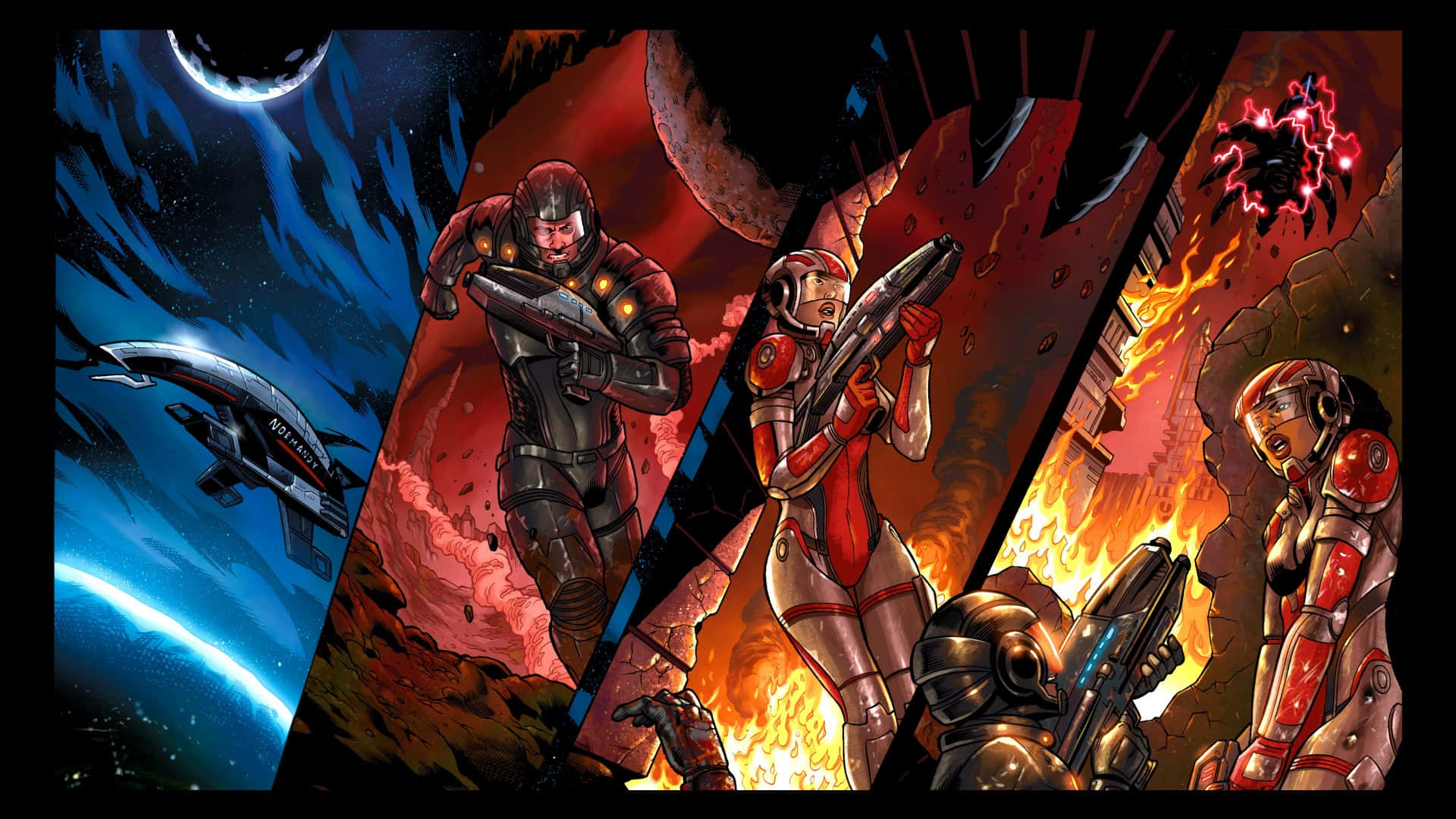 Mass Effect Legendary Edition 桌布 壁紙 — 四名裝甲太空戰士在爆炸和未來太空船中，穿越火熱的外星景觀和宇宙天空戰鬥。