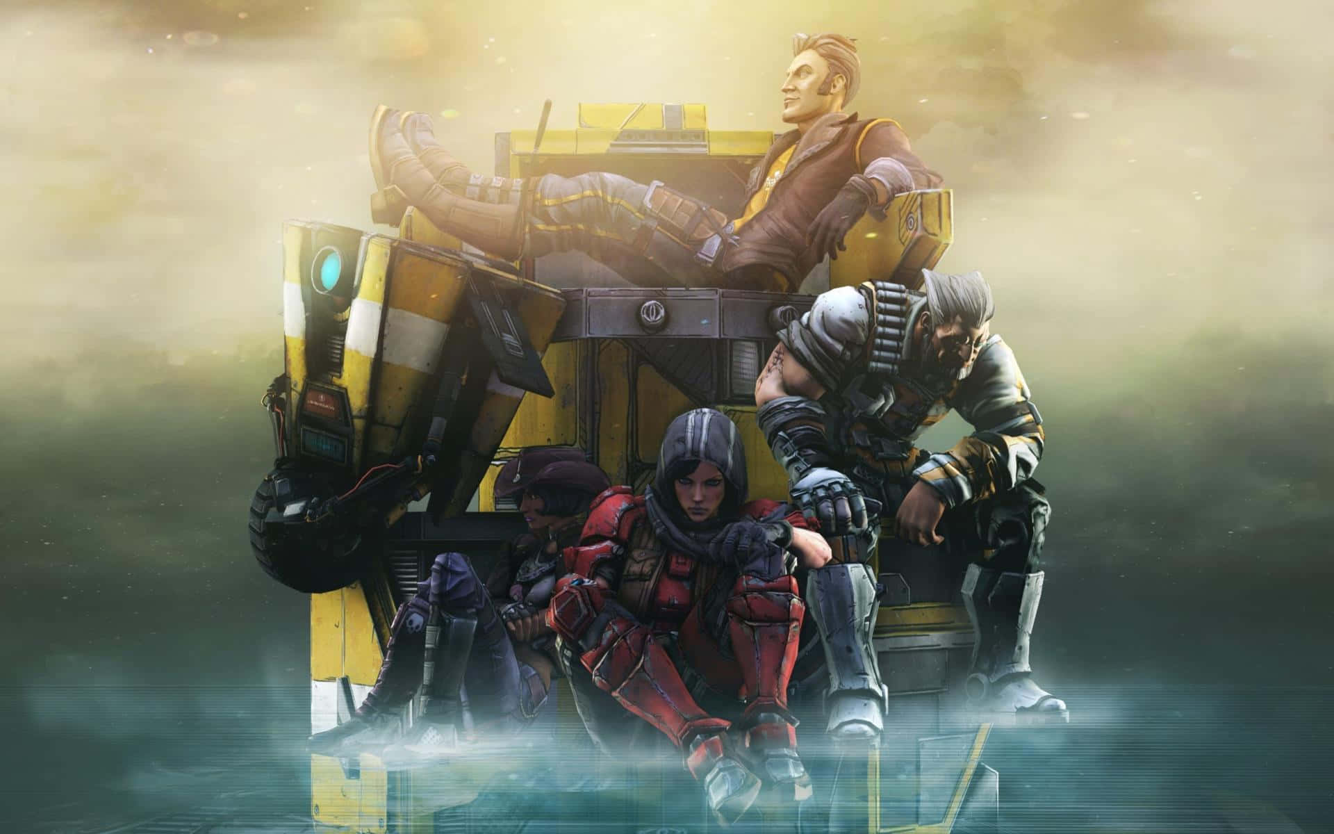 Borderlands 3 桌布 壁紙 — 四名裝甲戰士在朦朧天空下，於霧氣瀰漫、發光的水域中的黃色機械平台上休息。