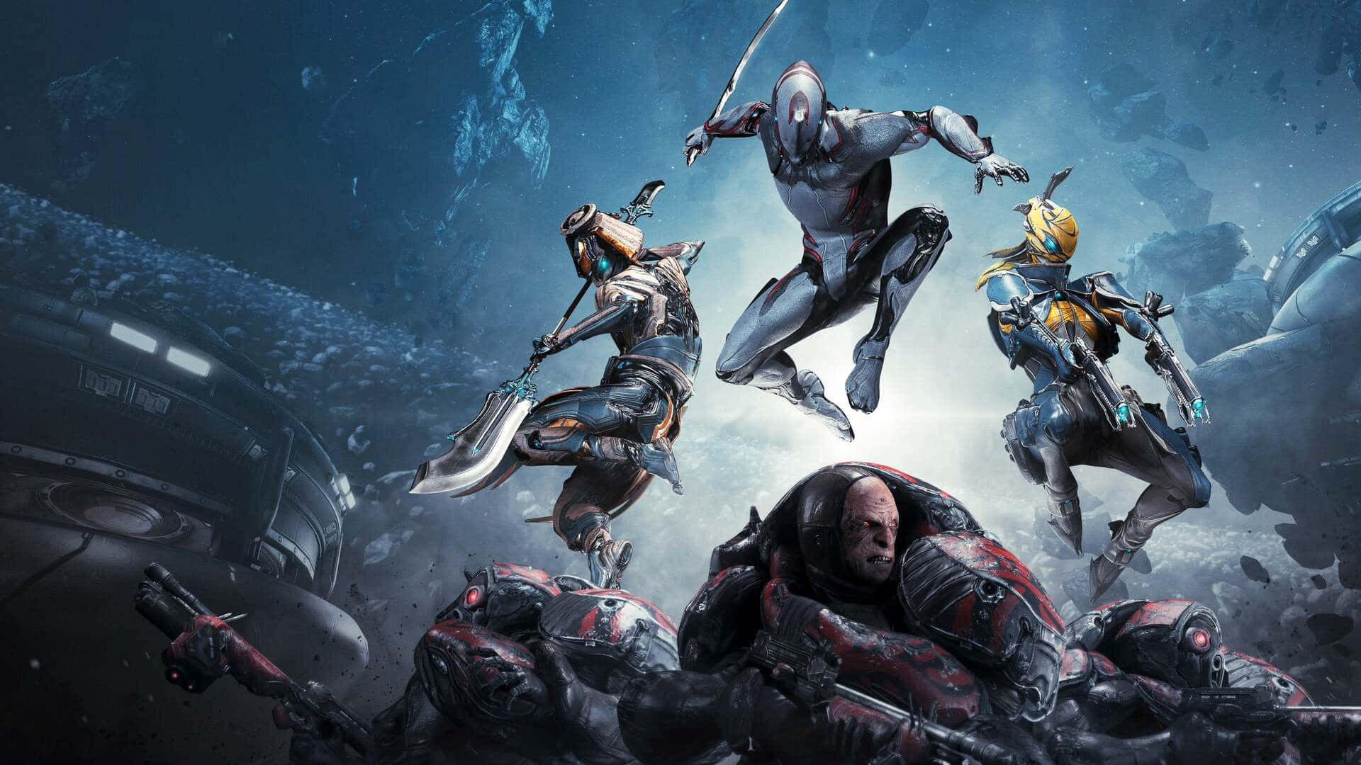 Ps5 Games 桌布 壁紙 — 四名裝甲戰士在破碎的外星景觀中，於漂浮的碎片和發光的能量中動態跳躍。