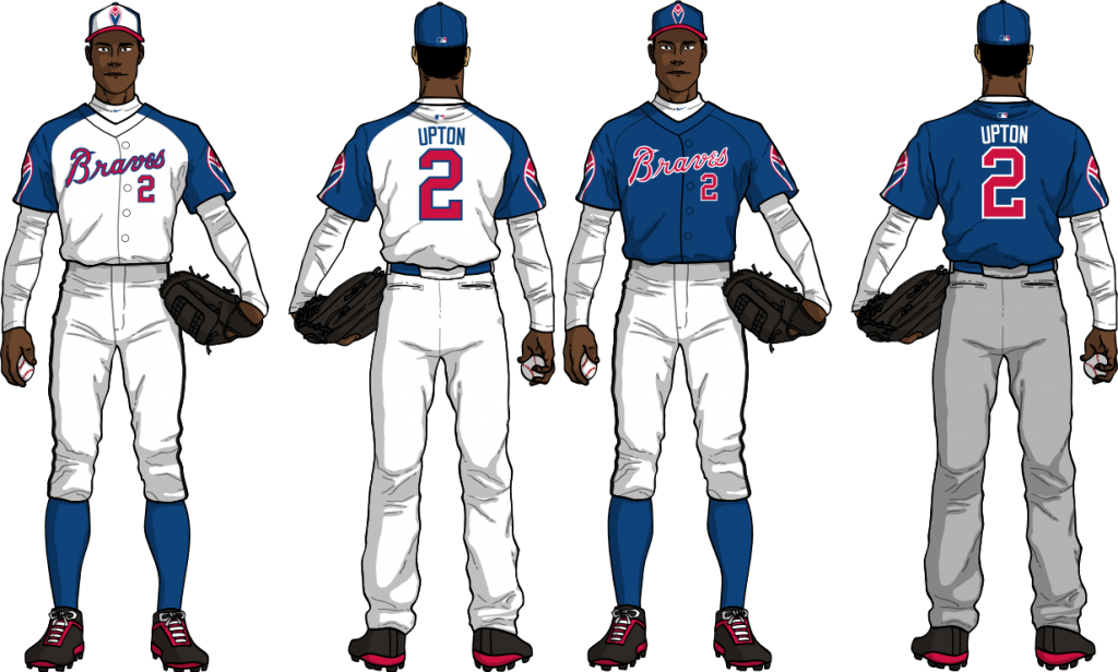 亞特蘭大勇士 桌布 壁紙 — 四名身穿Braves球衣的插畫棒球選手，在黑色背景前展示正面和背面。