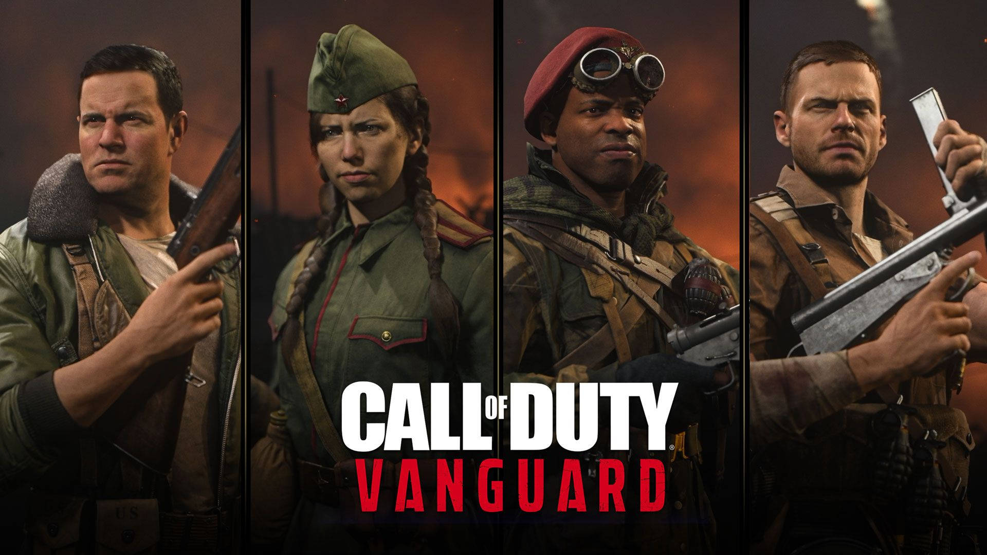 Call Of Duty Vanguard 桌布 壁紙 — 四名身穿二戰裝備的激烈士兵，在熾熱的橙色戰場背景下持步槍準備就緒。