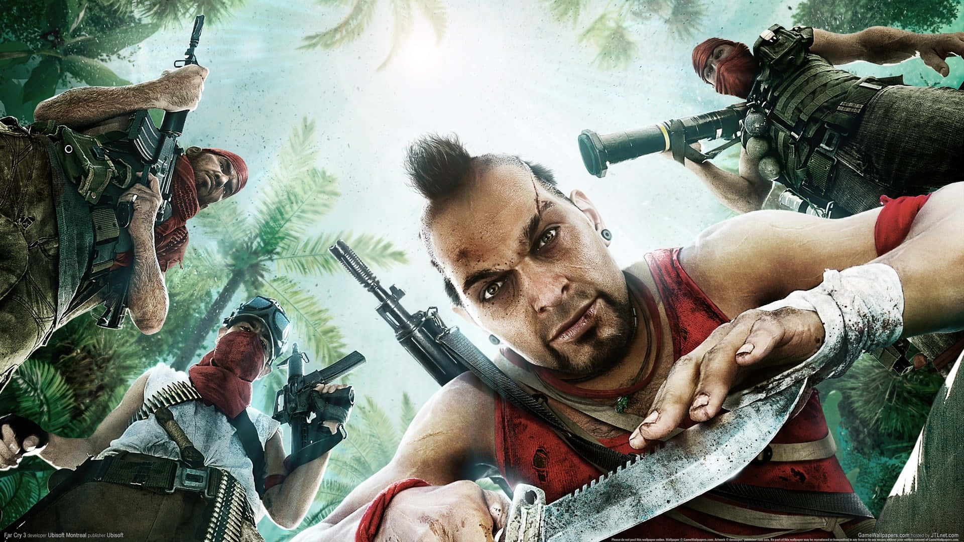 Far Cry 3 桌布 壁紙 — 四名身穿叢林裝備的武裝傭兵，在茂密的綠色樹葉中以強烈的表情和武器面對觀眾。