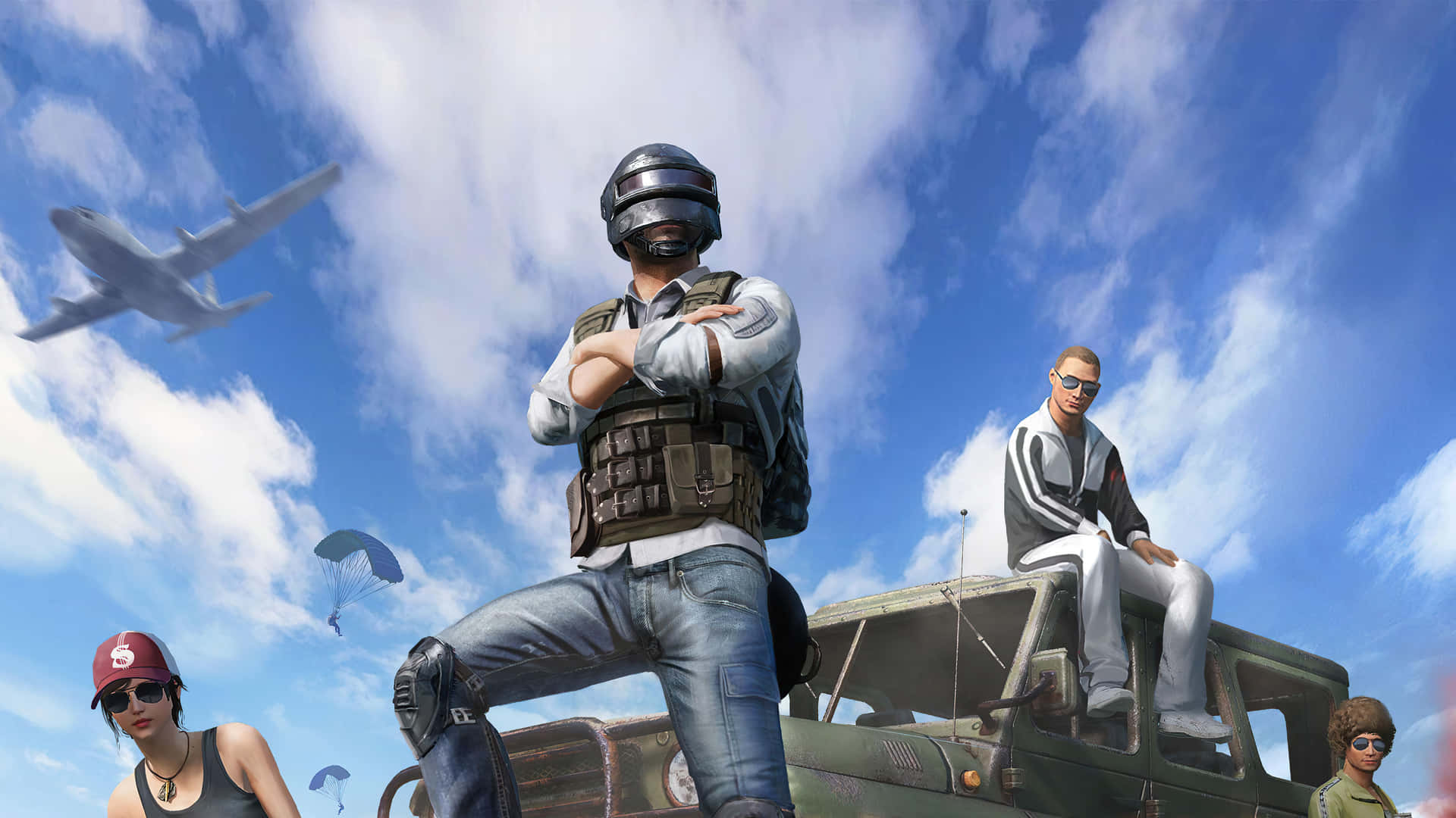 Pubg Banner 桌布 壁紙 — 四名身穿戰術裝備和休閒服的遊戲玩家，在明亮的藍天下，帶著降落傘和頭頂飛過的飛機，自信地站在軍用吉普車上。