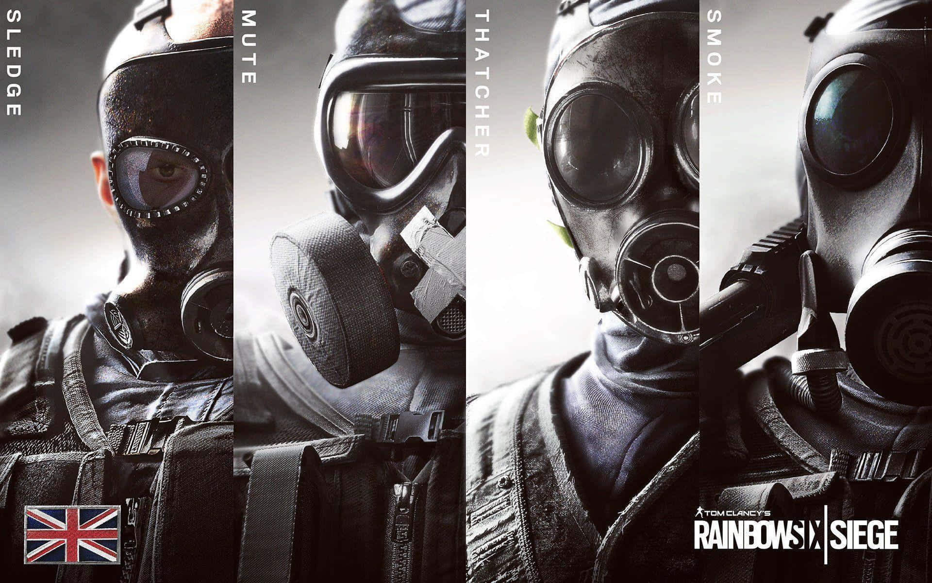 桌布 壁紙 — 四名身穿戰術裝備和防毒面具的士兵，名字為 Sledge Mute Thatcher Smoke，以 gritty 電影風格肖像呈現。