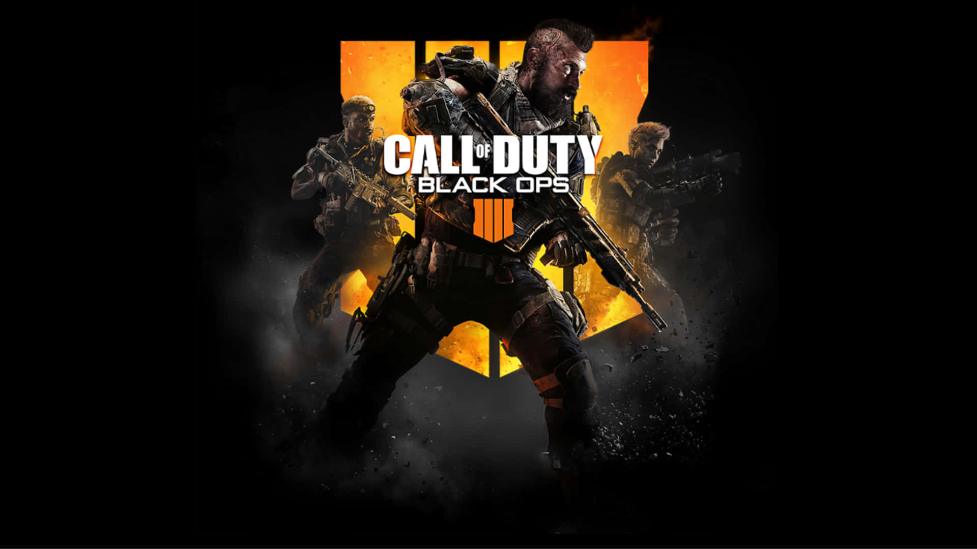 Best Call Of Duty Black Ops 4 桌布 壁紙 — 四名身穿戰術裝備的士兵在熾熱的橙色背景前準備就緒，並帶有Call of Duty Black Ops 4標誌。
