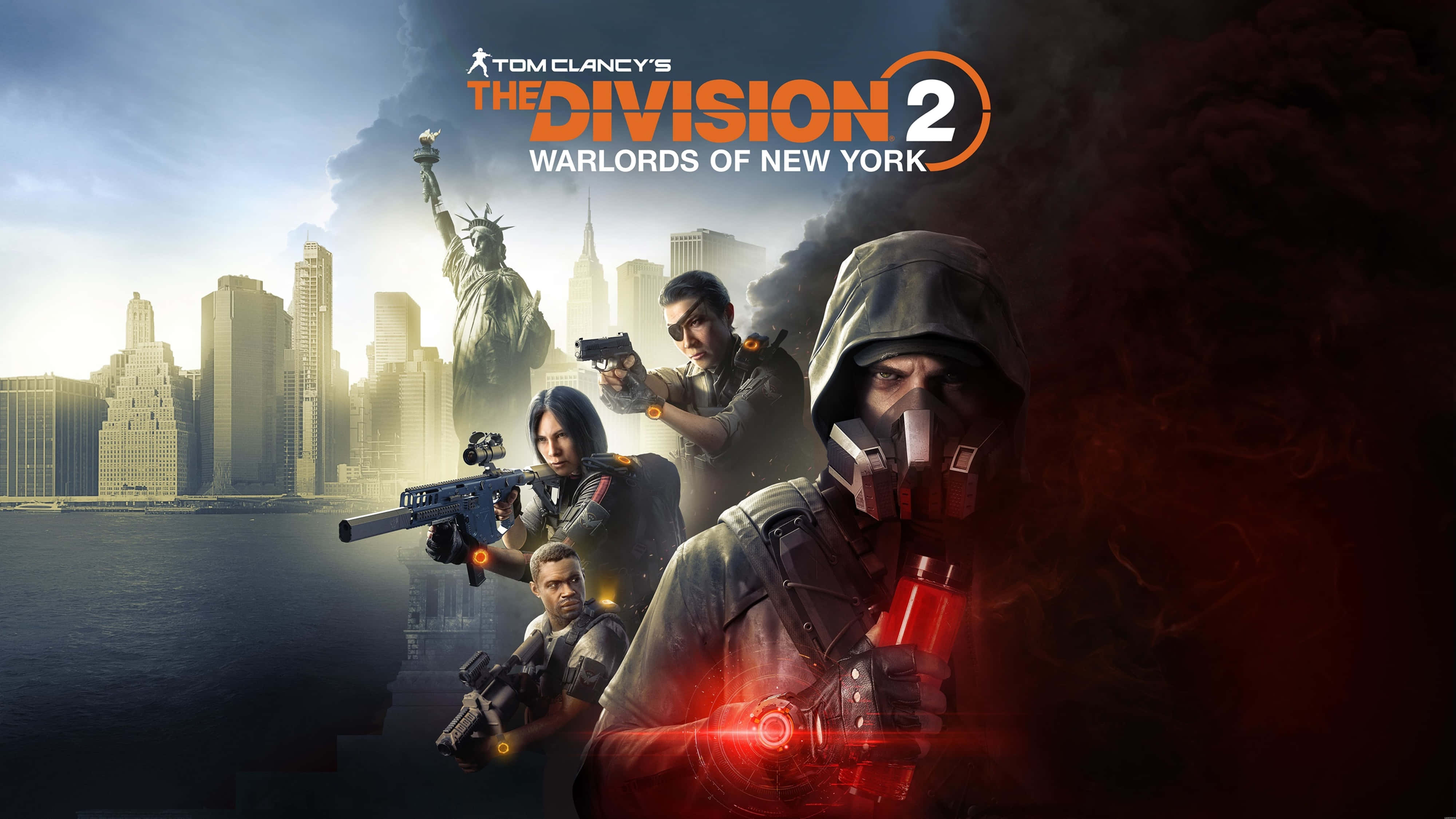 The Division 2 4K 桌布 壁紙 — 四名身穿戰術裝備的武裝人員在煙霧瀰漫的紐約天際線前準備就緒，背景是自由女神像。