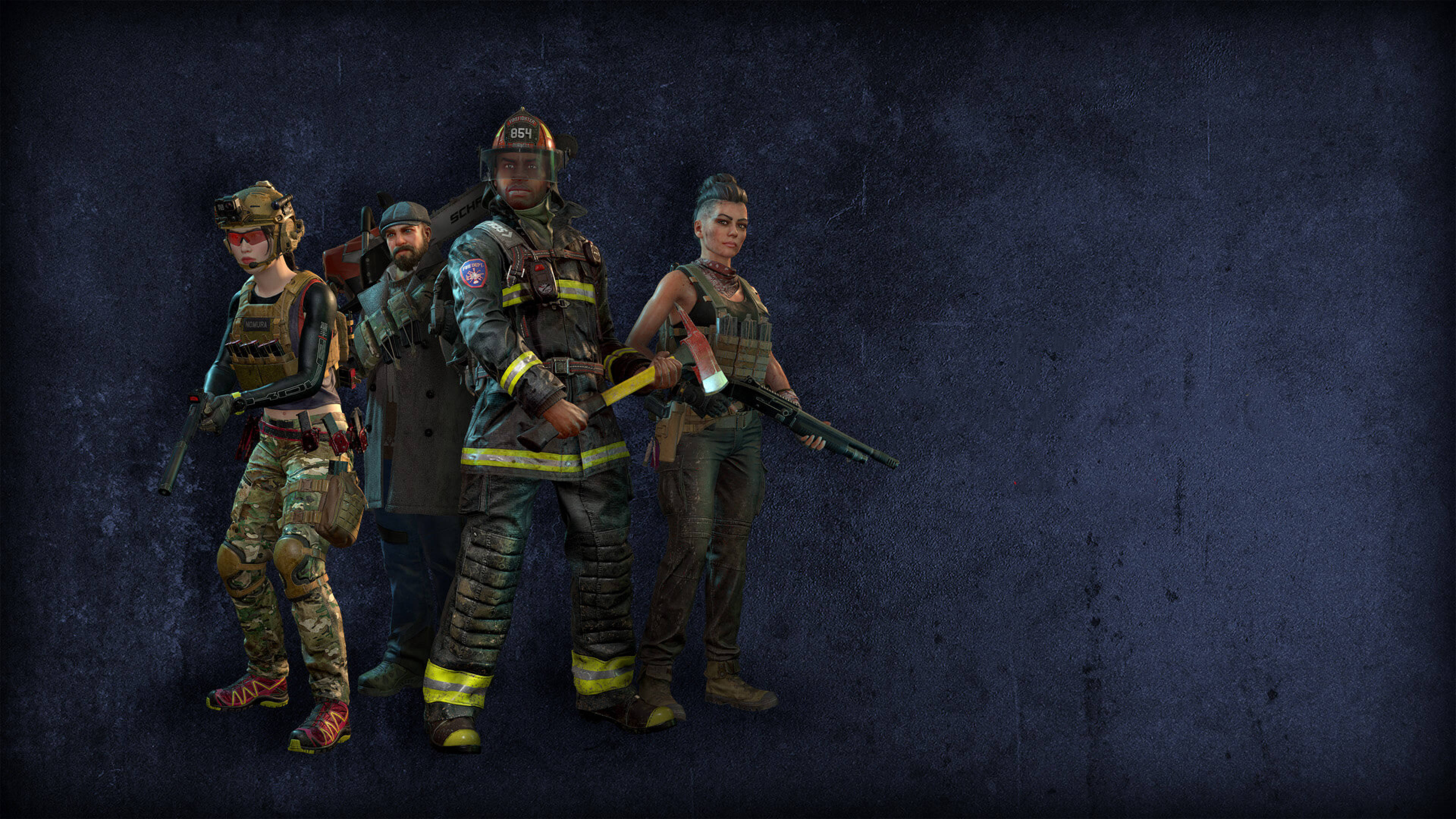 world war z 4K 桌布 壁紙 — 四名身穿戰術裝備的武裝倖存者，在深色紋理背景前準備就緒。