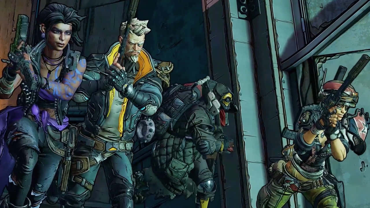 Borderlands Characters 桌布 壁紙 — 四名身穿戰術裝備的武裝傭兵蹲在骯髒的城市小巷中準備戰鬥。