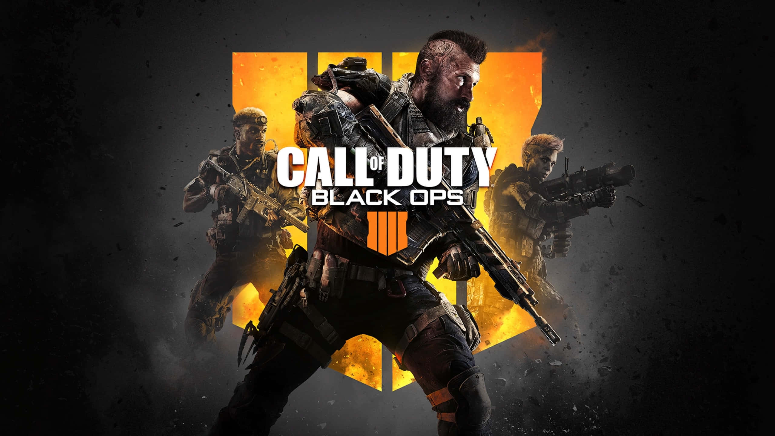 games 桌布 壁紙 — 四名身穿戰術裝備的武裝士兵站在火橙色和黑色背景前，帶有 Call of Duty Black Ops 4 標誌。
