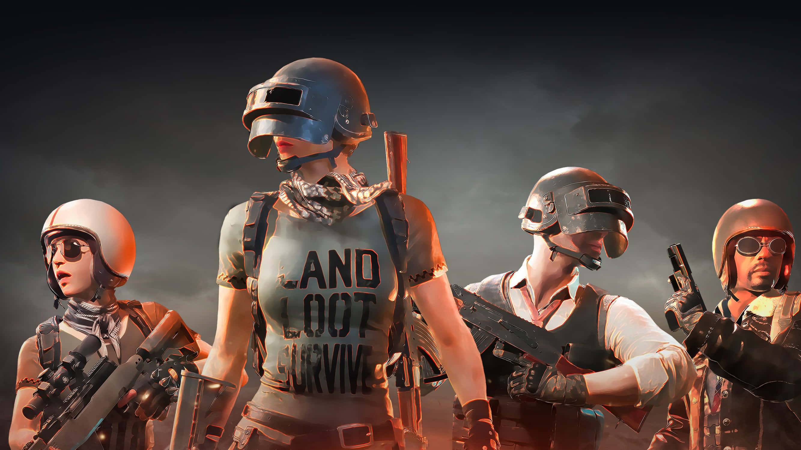 Pubg Banner 桌布 壁紙 — 四名身穿戰術裝備的武裝玩家，在煙霧瀰漫的黑暗背景下準備就緒，背心上寫有「LAND LOOT SURVIVE」。