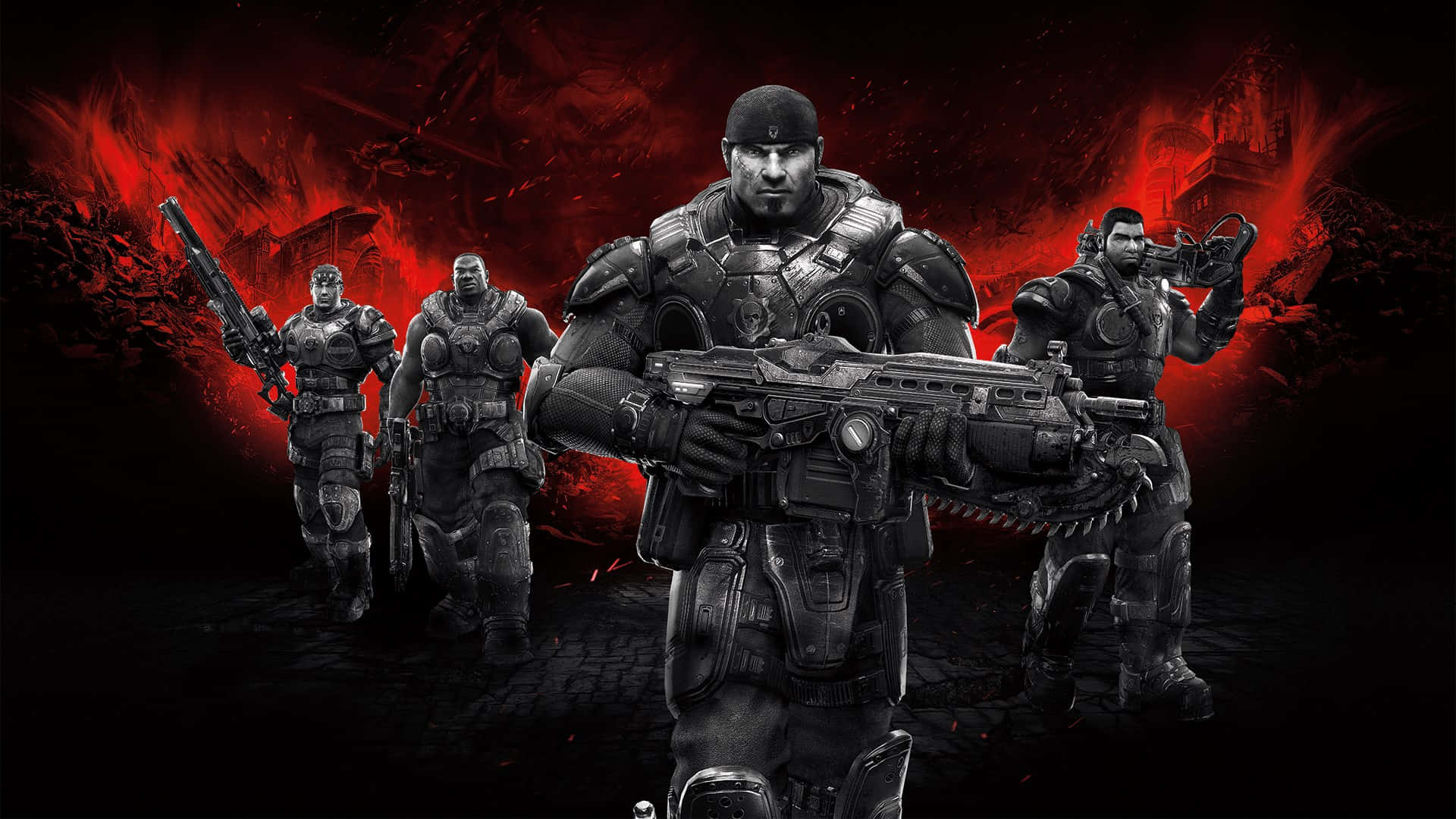 Gears Of War Ultimate Edition 桌布 壁紙 — 四名身穿戰術裝備的裝甲士兵手持重型武器，在熾熱的紅色末日背景下準備就緒。