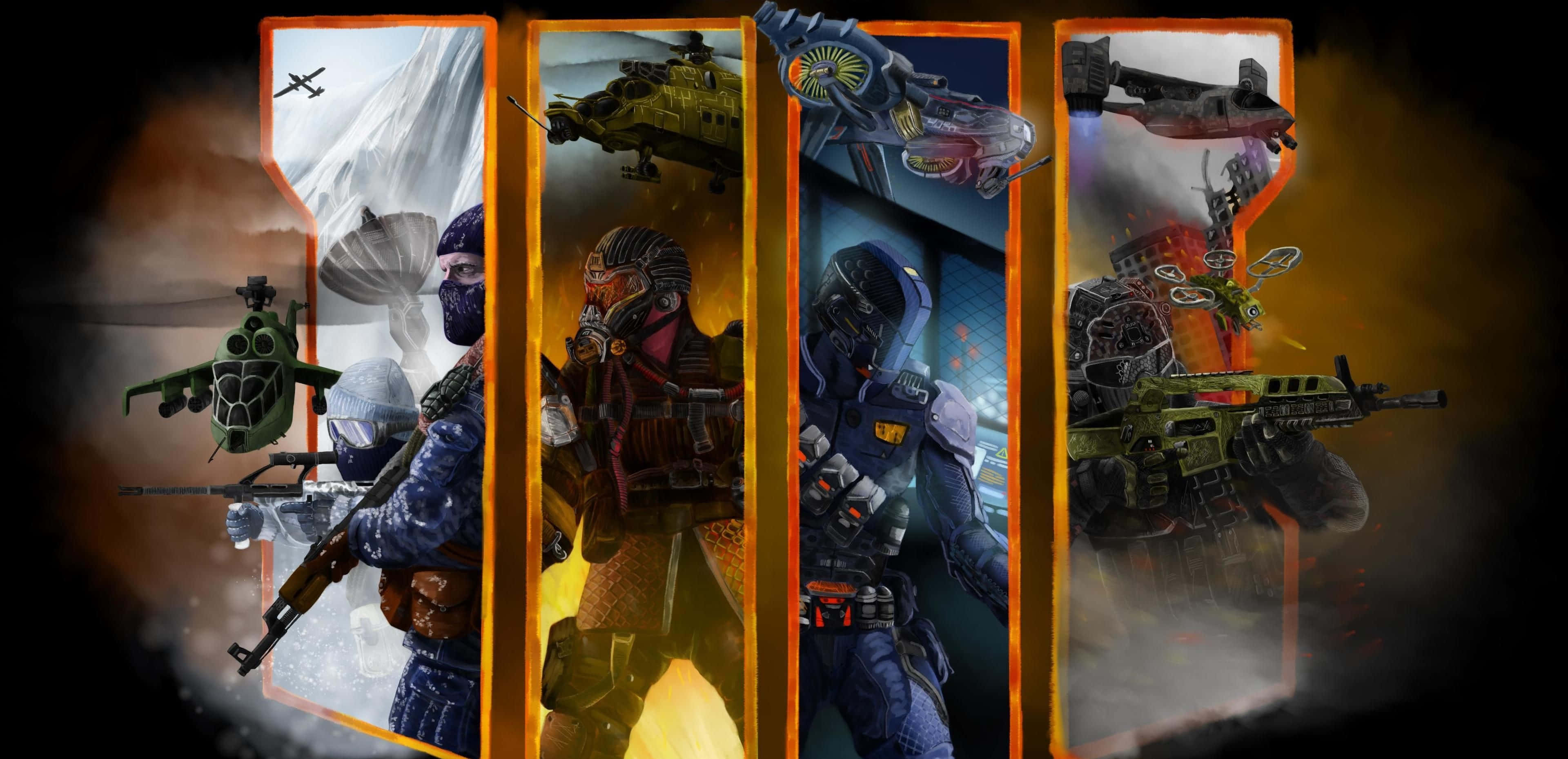 Xbox Games 桌布 壁紙 — 四名身穿戰鬥裝備的裝甲士兵站在熾熱的垂直面板中，背景有直升機和武器，煙霧繚繞。