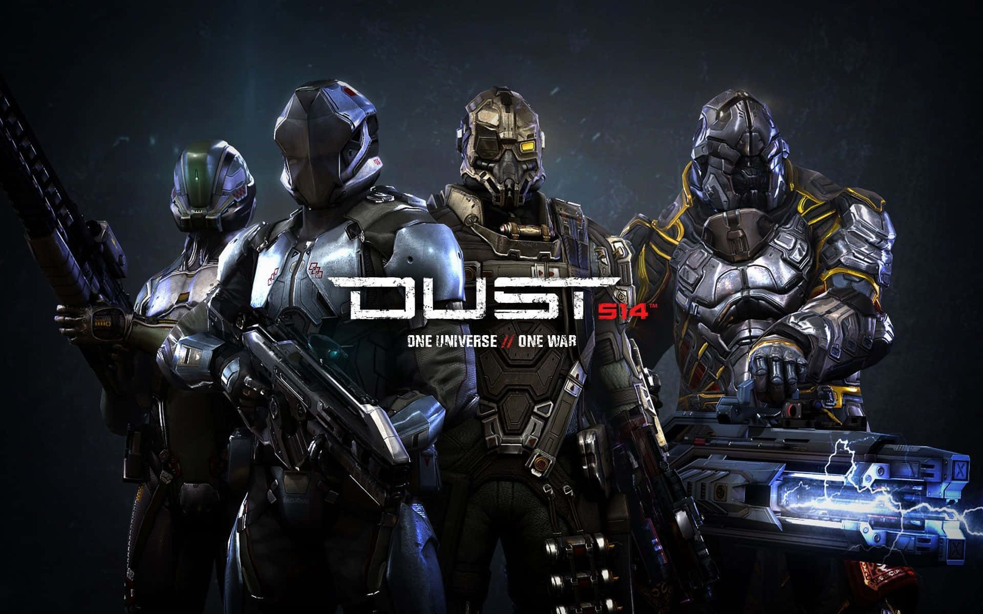 Multiplayer Game 桌布 壁紙 — 四名身穿未來戰鬥裝備的裝甲士兵，手持發光武器，在黑暗粗糙的背景中準備就緒。