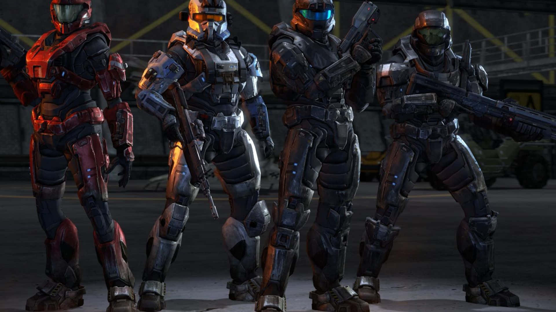 Fireteam Osiris 桌布 壁紙 — 四名身穿未來戰鬥裝備的裝甲士兵在昏暗的工業機庫中手持武器站立。