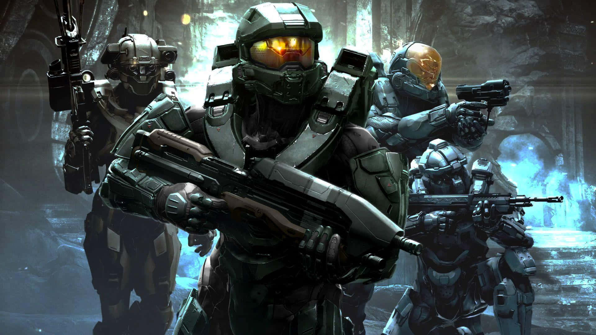 Halo Red Team 桌布 壁紙 — 四名身穿未來裝備的裝甲士兵在光線昏暗、冰冷的異星廢墟中手持武器準備就緒。
