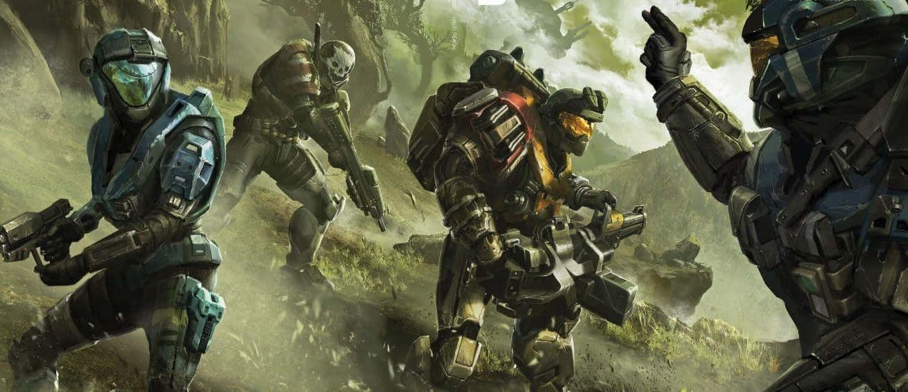 Halo Red Team 桌布 壁紙 — 四名身穿未來裝備的裝甲士兵在岩石戰場上準備就緒，背景有爆炸和煙霧。