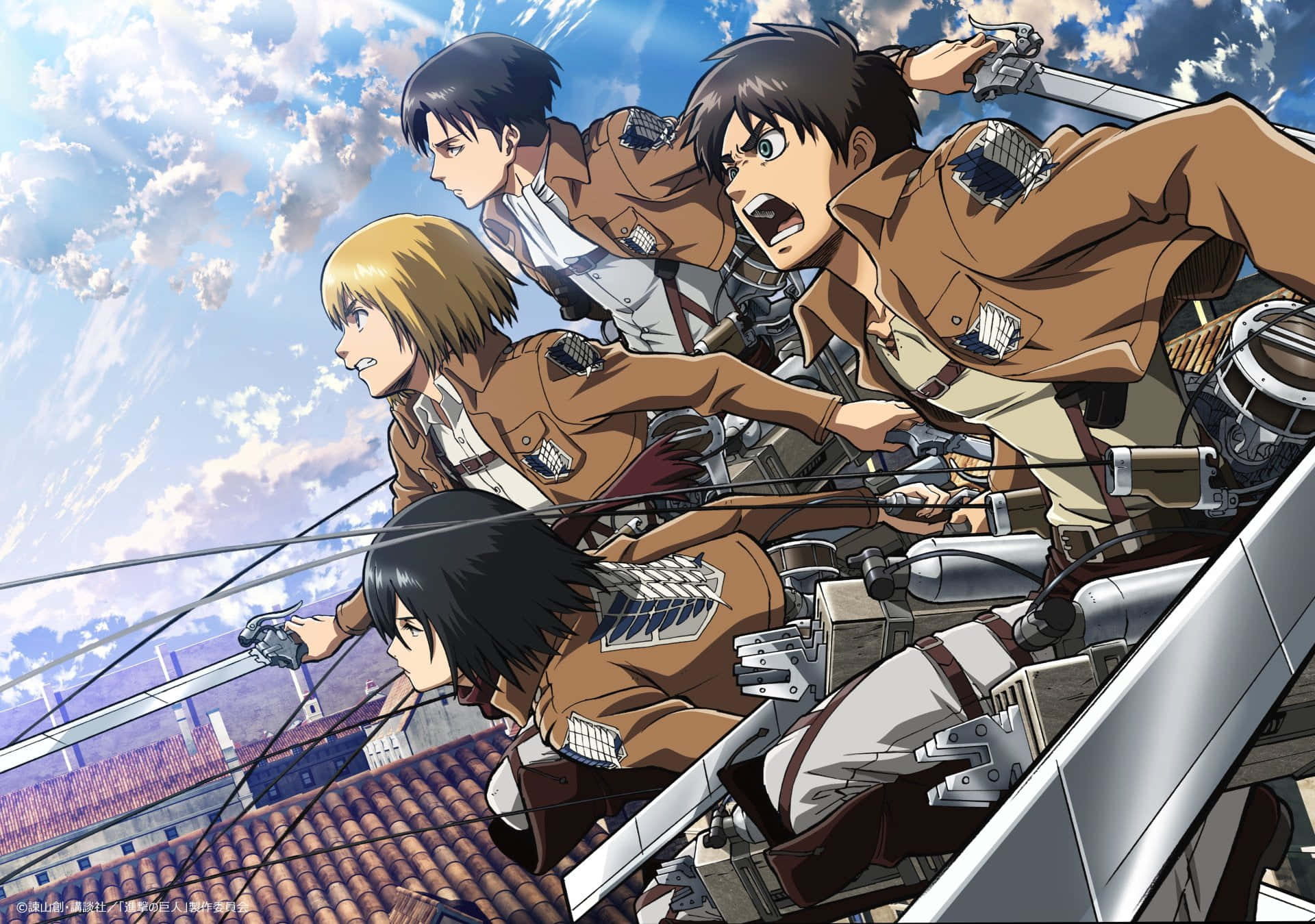 Attack On Titan Poster 桌布 壁紙 — 四名身穿棕色制服的動畫士兵，拔出劍，在零星雲朵的明亮藍天下從屋頂跳下。