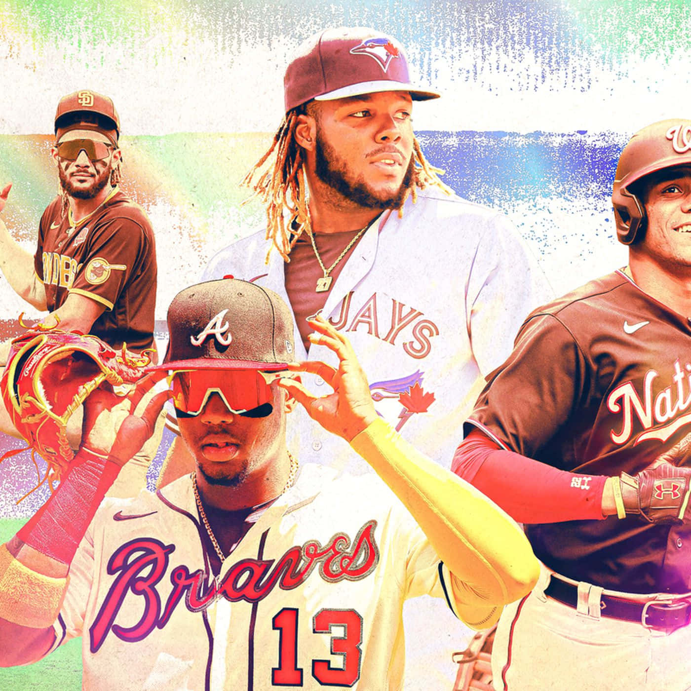 Major League Movie 桌布 壁紙 — 四名身穿球隊制服的棒球運動員，戴著太陽眼鏡和裝備，在色彩繽紛的抽象背景前擺姿勢，構成充滿活力的拼貼畫。