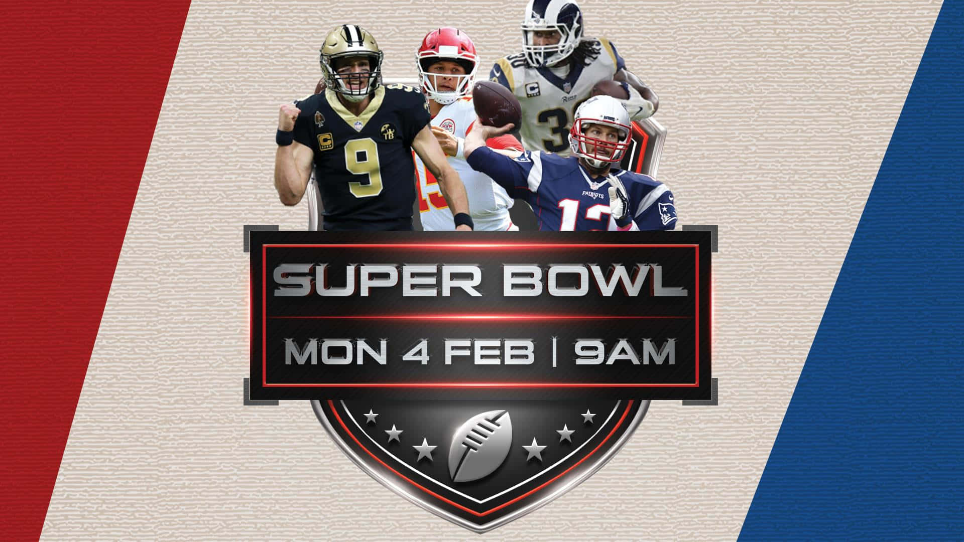 超級盃 桌布 壁紙 — 四名身穿球隊制服的美式足球員在發光的超級碗活動橫幅後擺姿勢，橫幅上顯示日期和時間詳情。